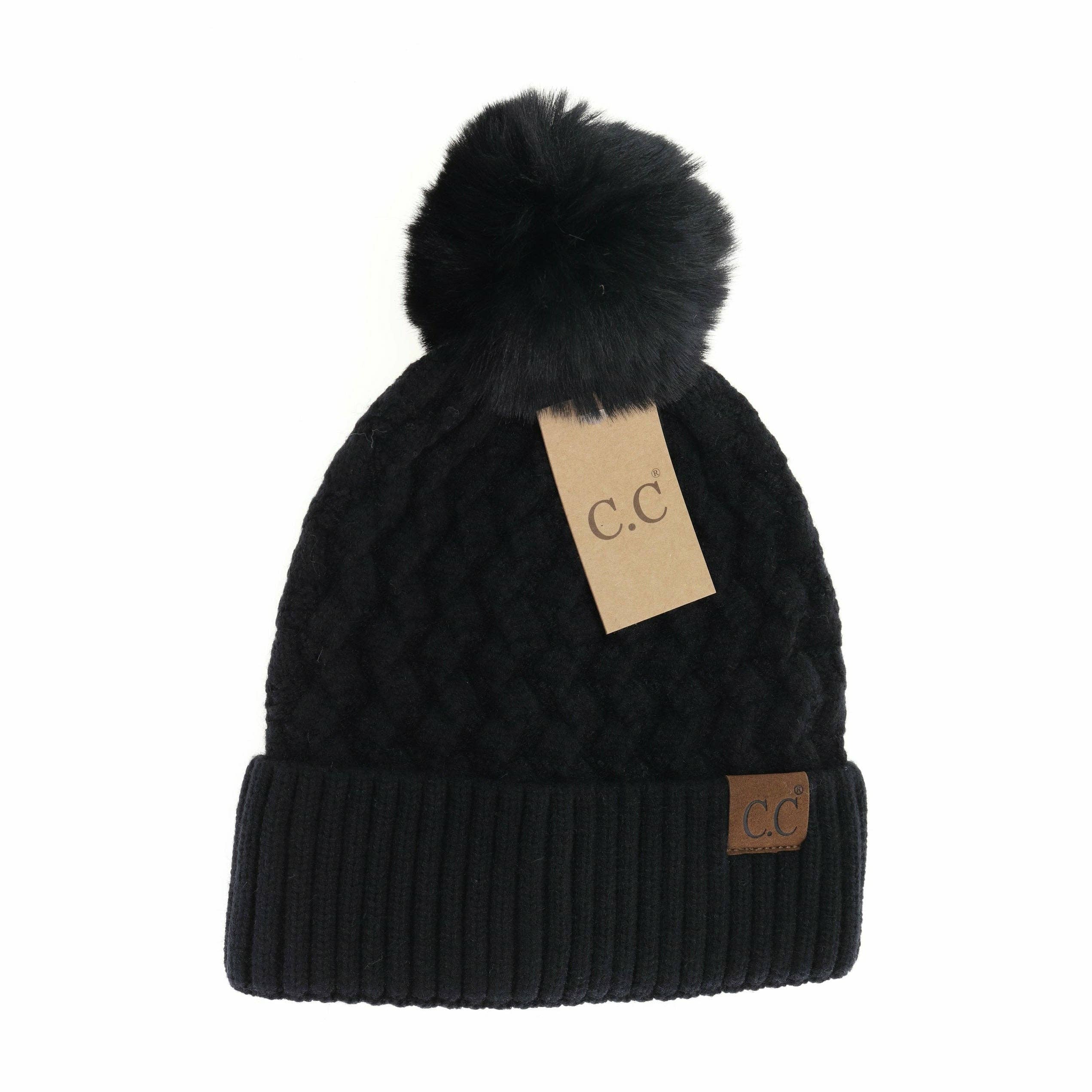 Black Woven Cable Knit Cuffed Fur Pom Beanie