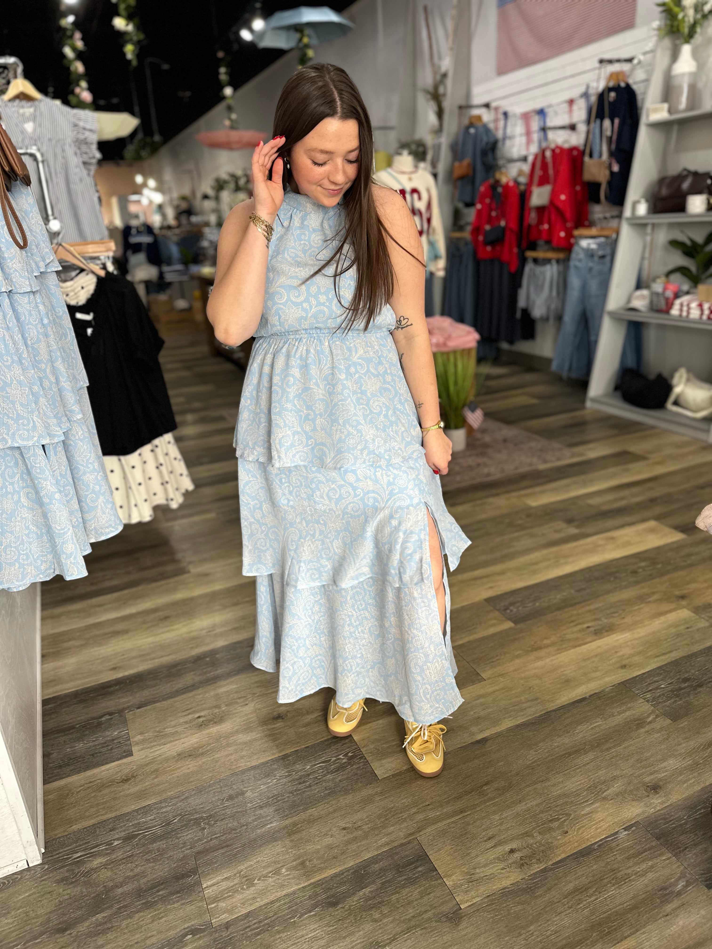 Blue Paisley Ruffle Tiered Midi Dress