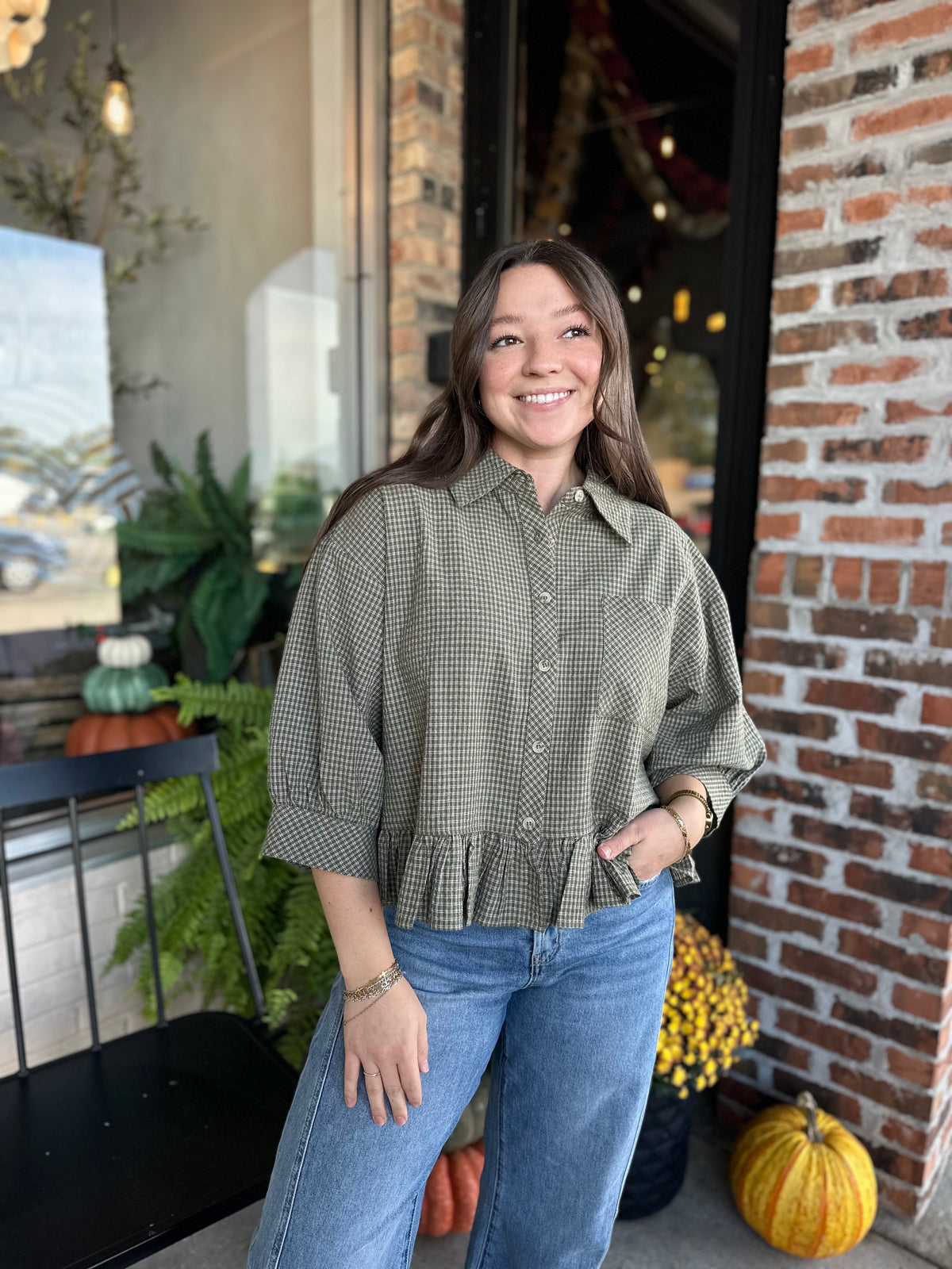 Olive Check Ruffle Hem Shirt