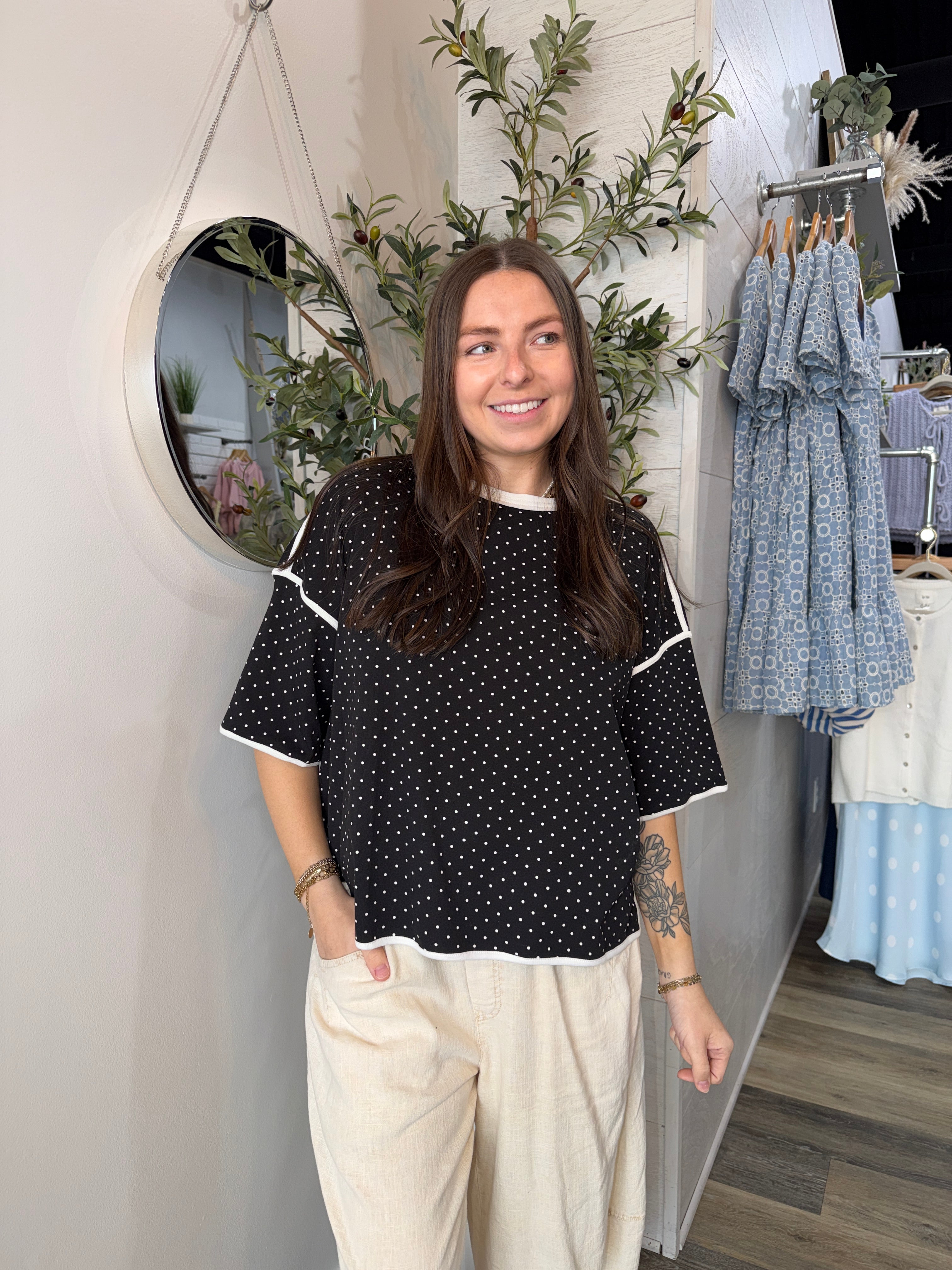 Black Polka Dot Contrast Trim Top - FINAL SALE