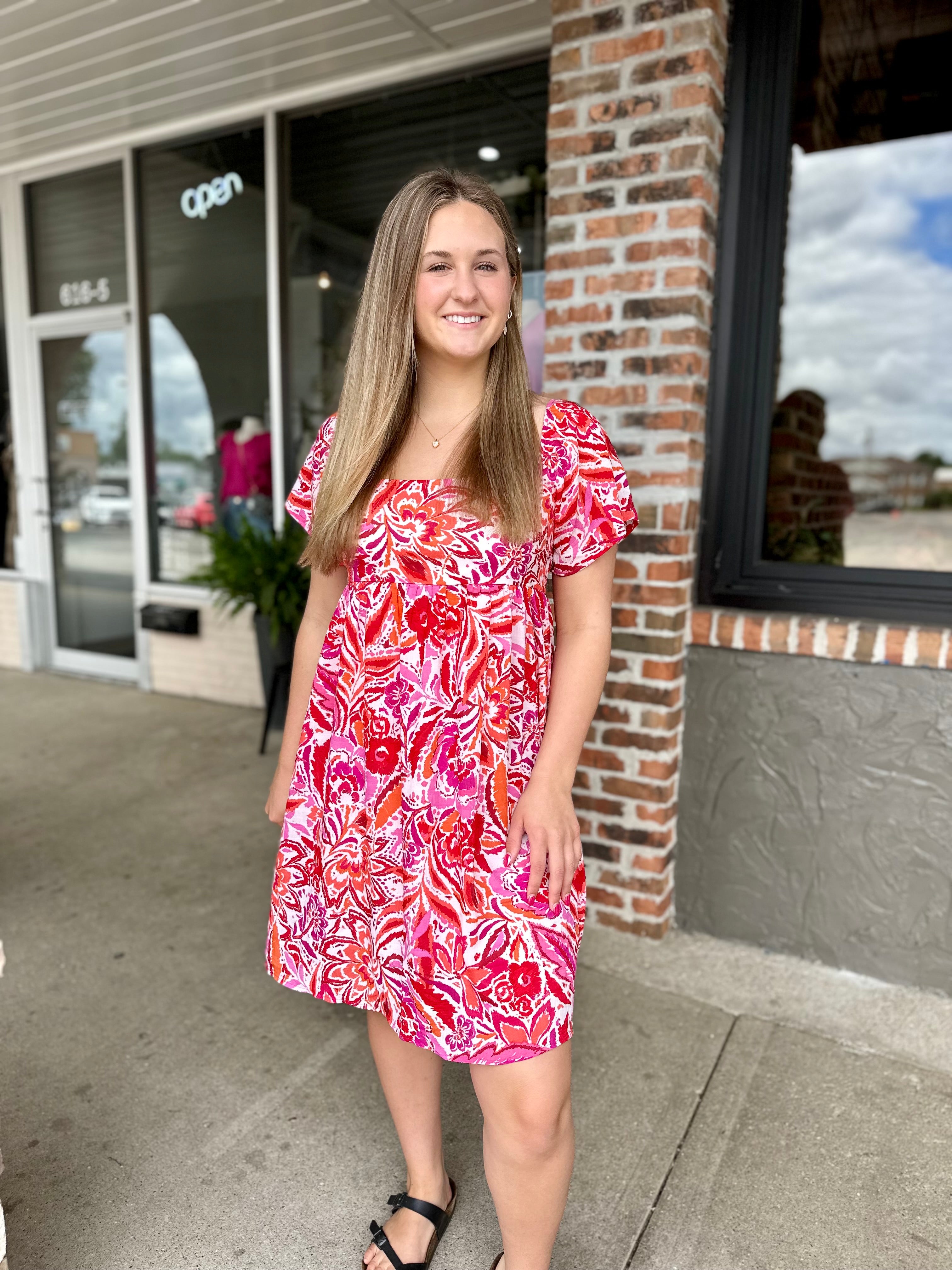 Red Floral Square Neck Dress - FINAL SALE