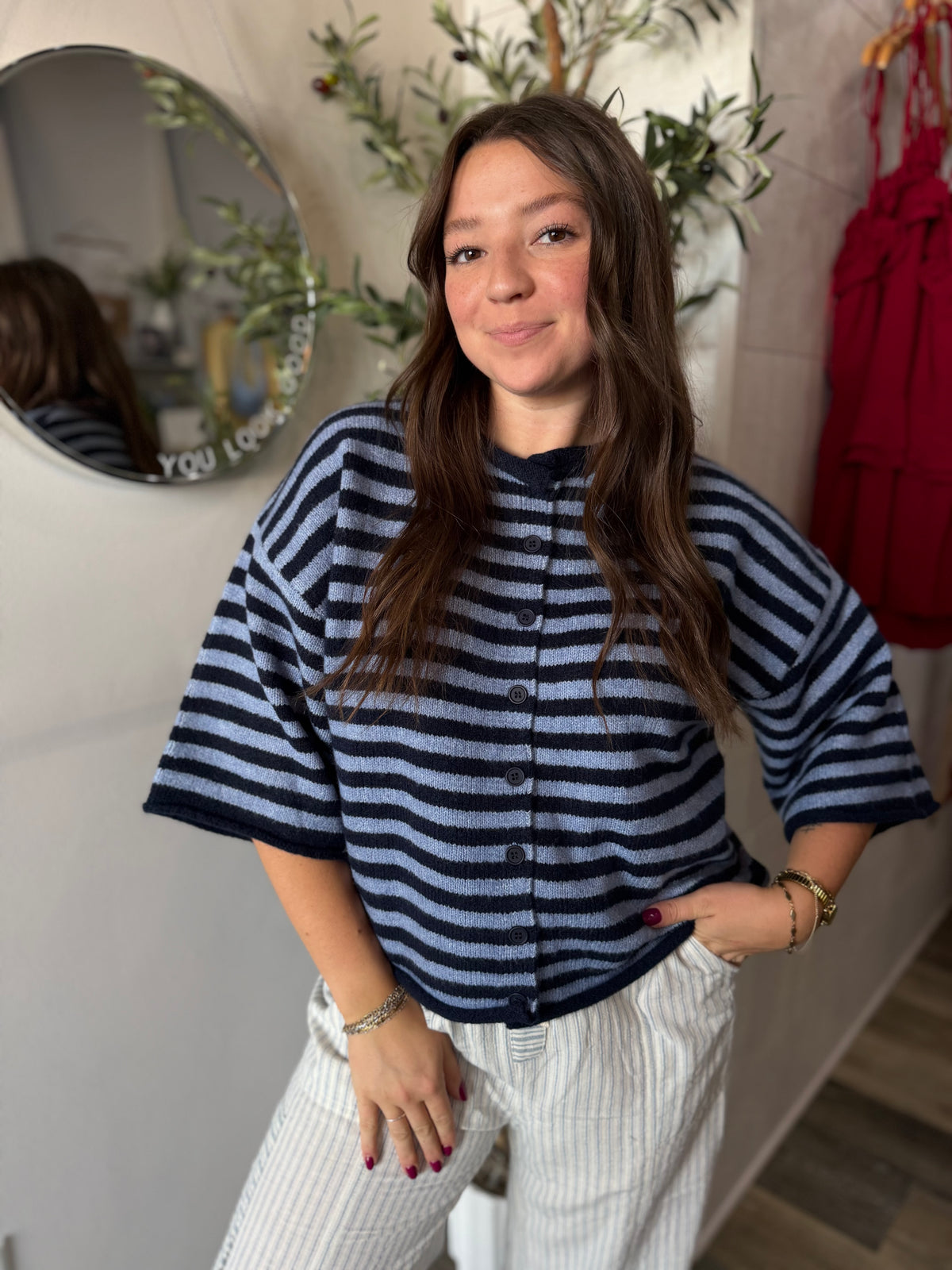 Navy Striped Quarter Sleeve Cardigan