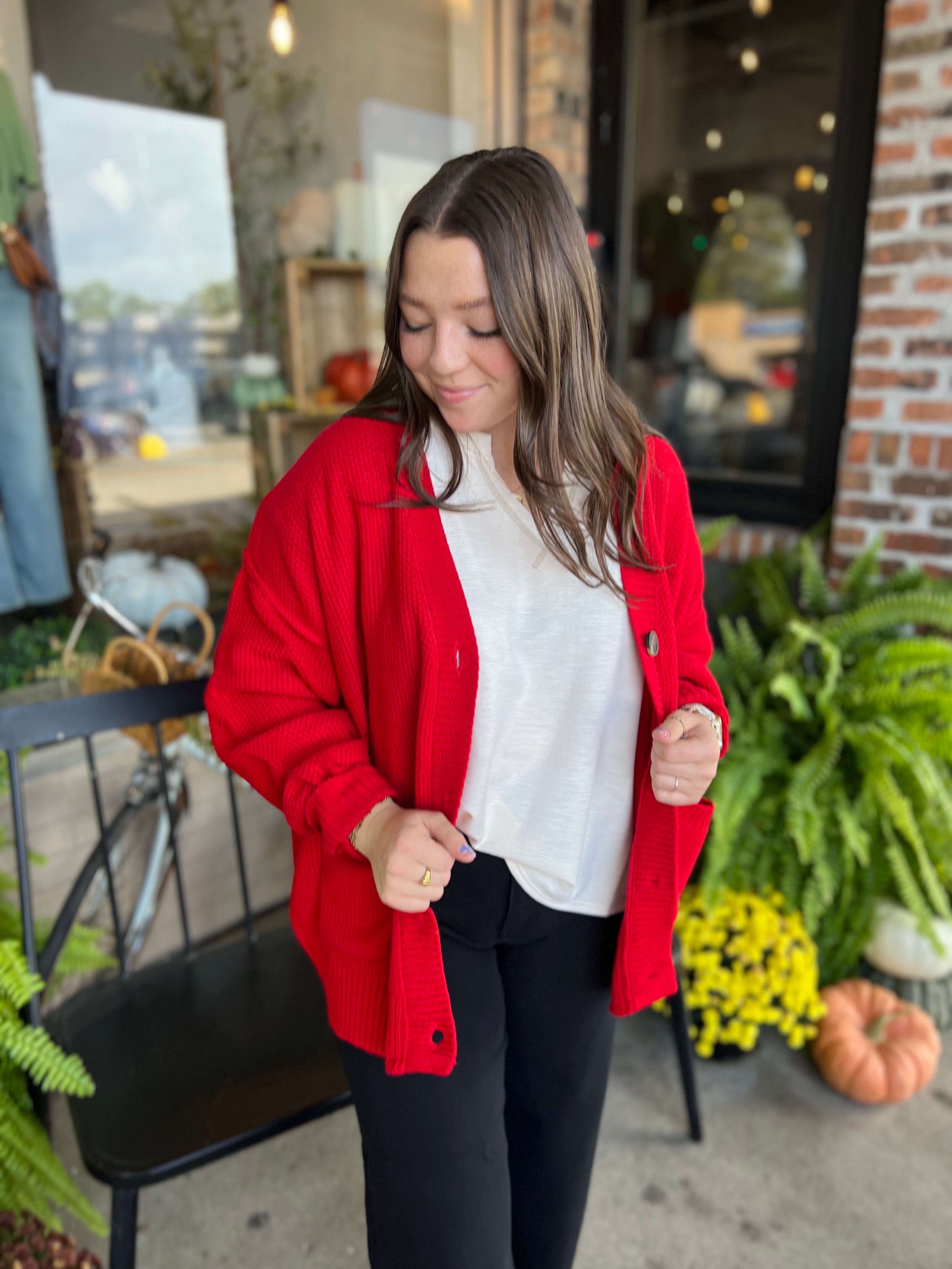 Red Button-front Oversized Cardigan