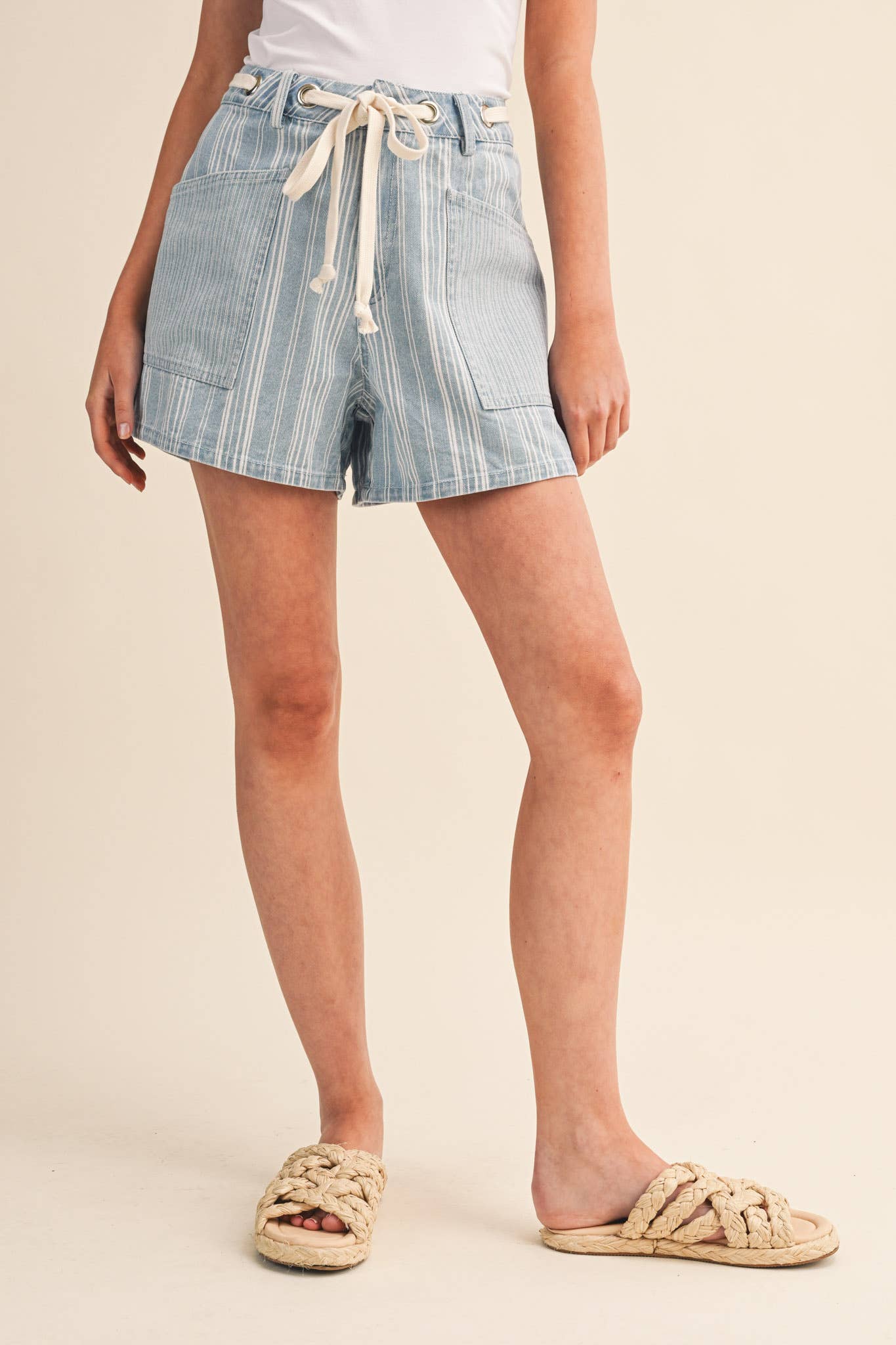 Blue Mixed Stripe Denim Shorts