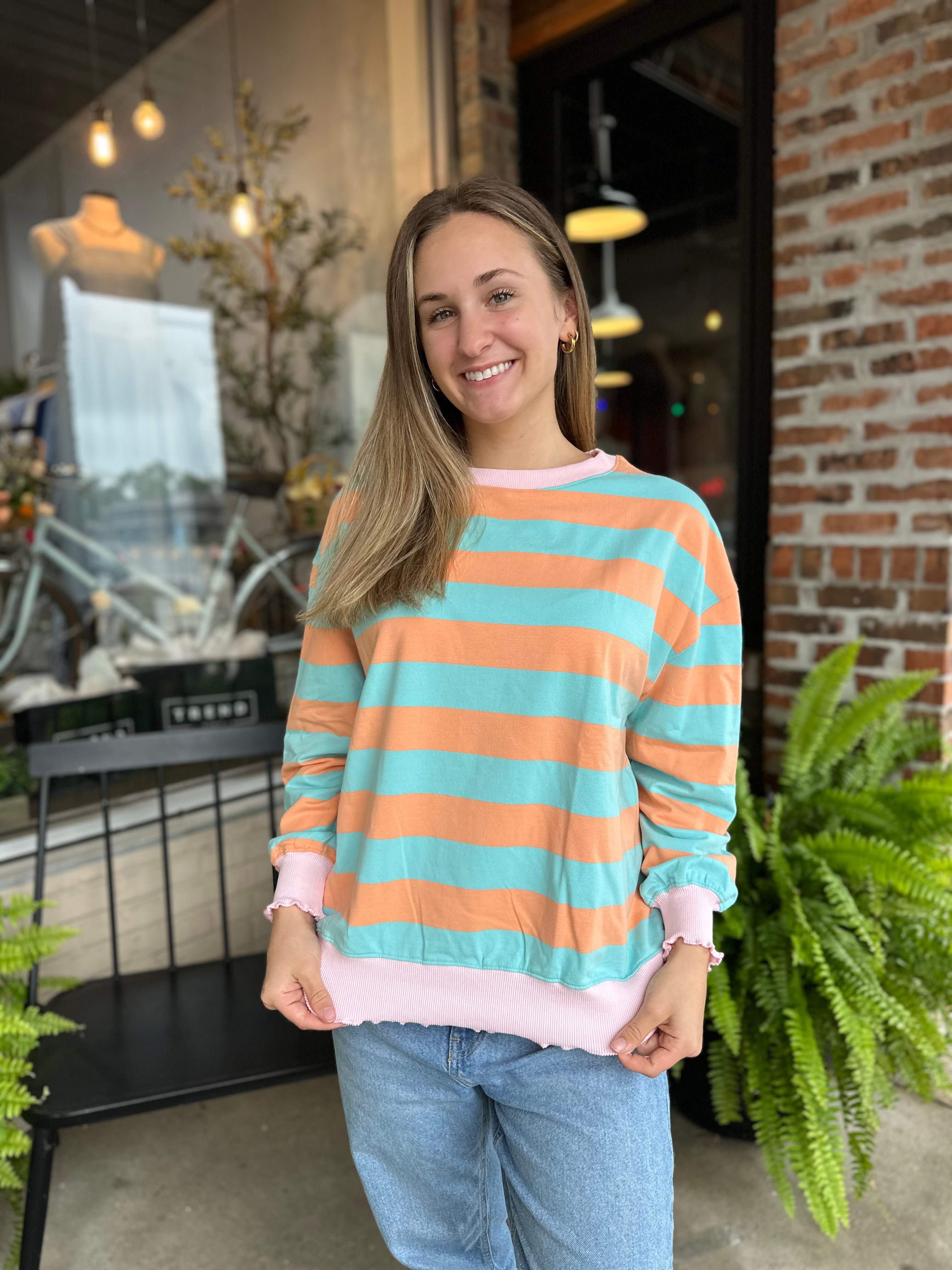 Orange Wide Striped Long Sleeve Top