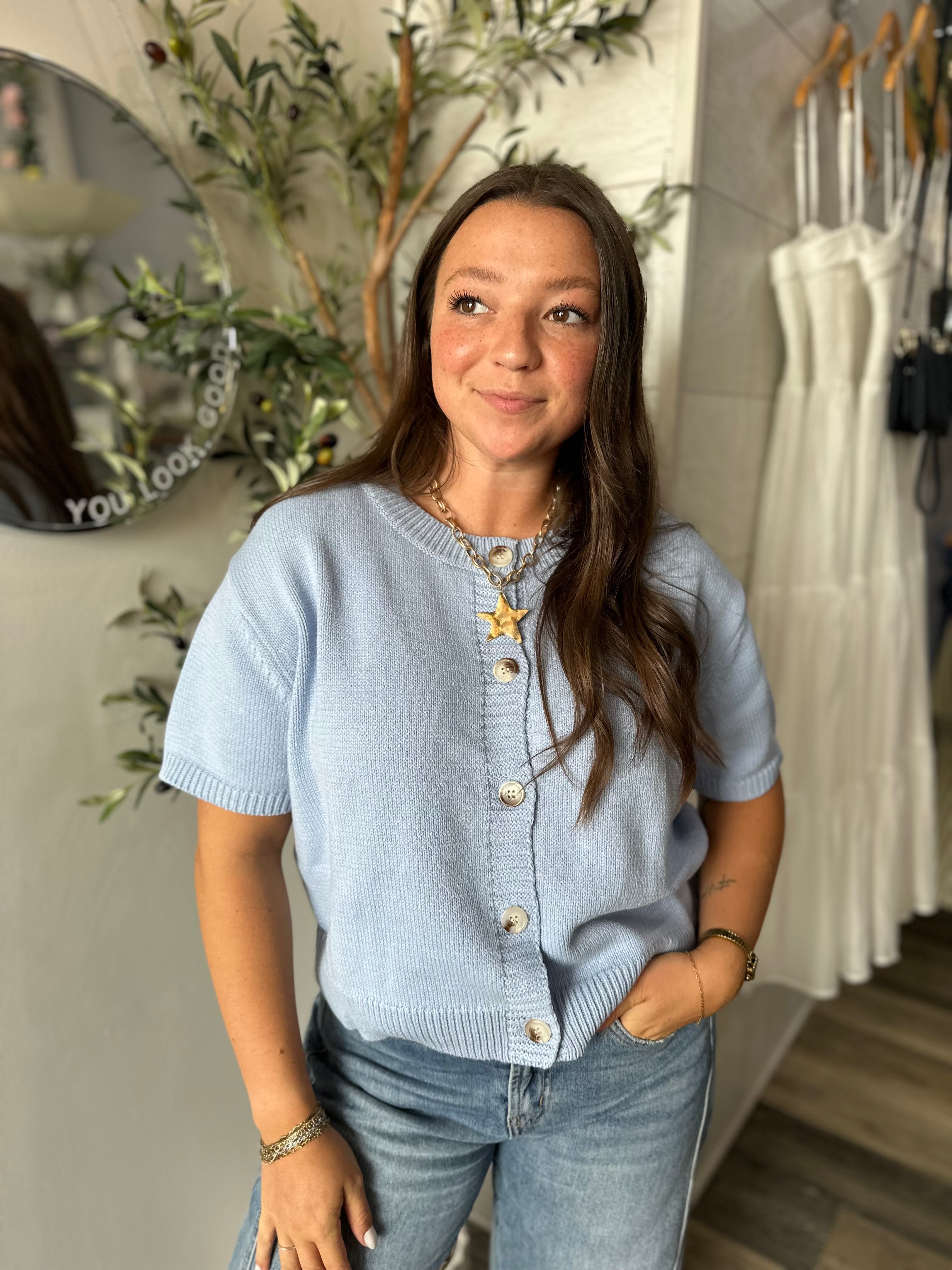Blue Short Sleeve Sweater Cardi