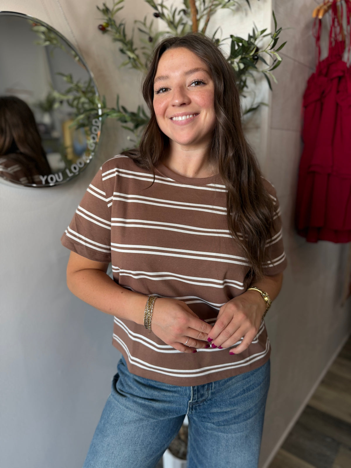 Brown Striped Boxy Short Sleeve Tee