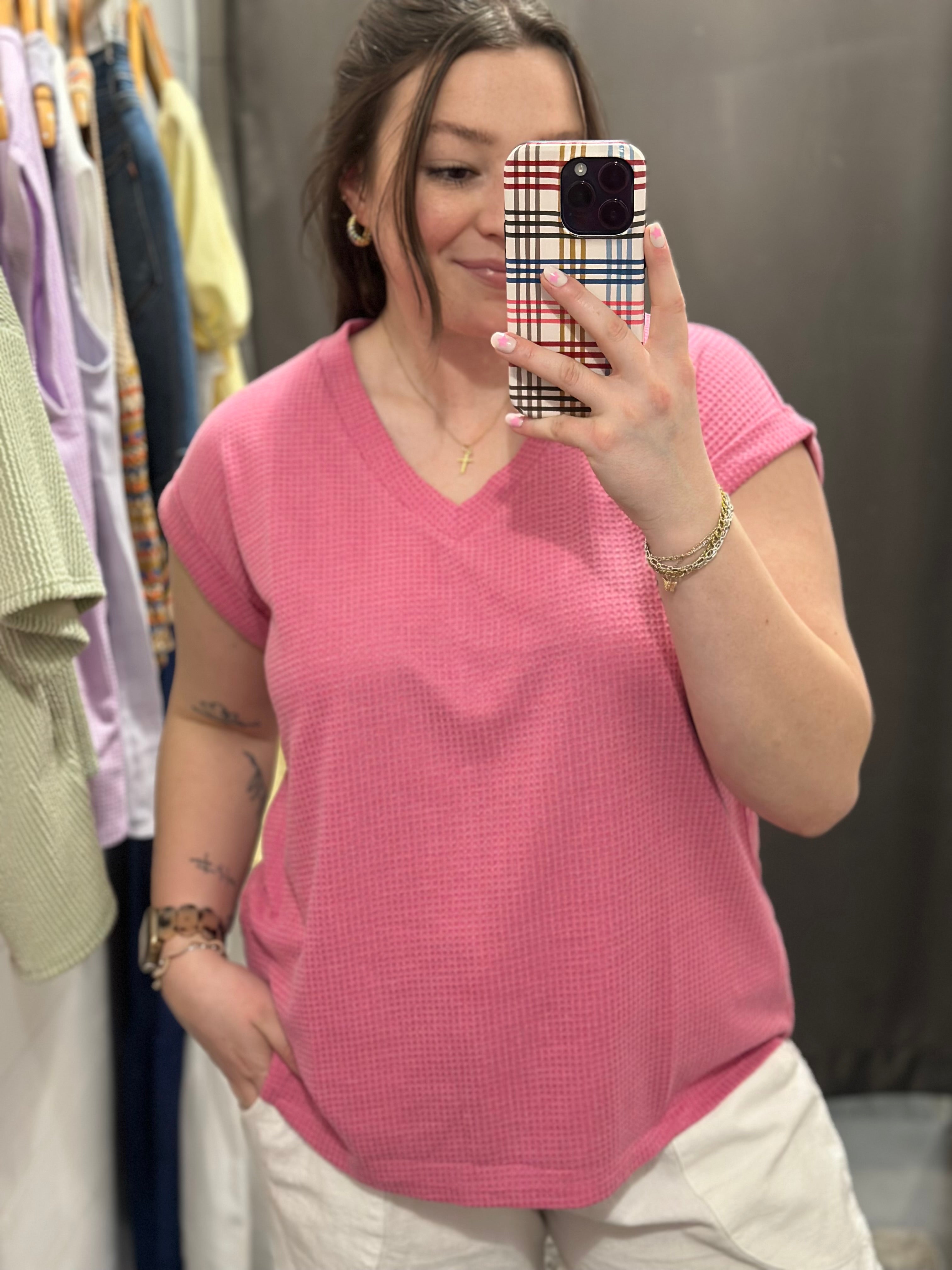 Pink Waffle V-Neck Top