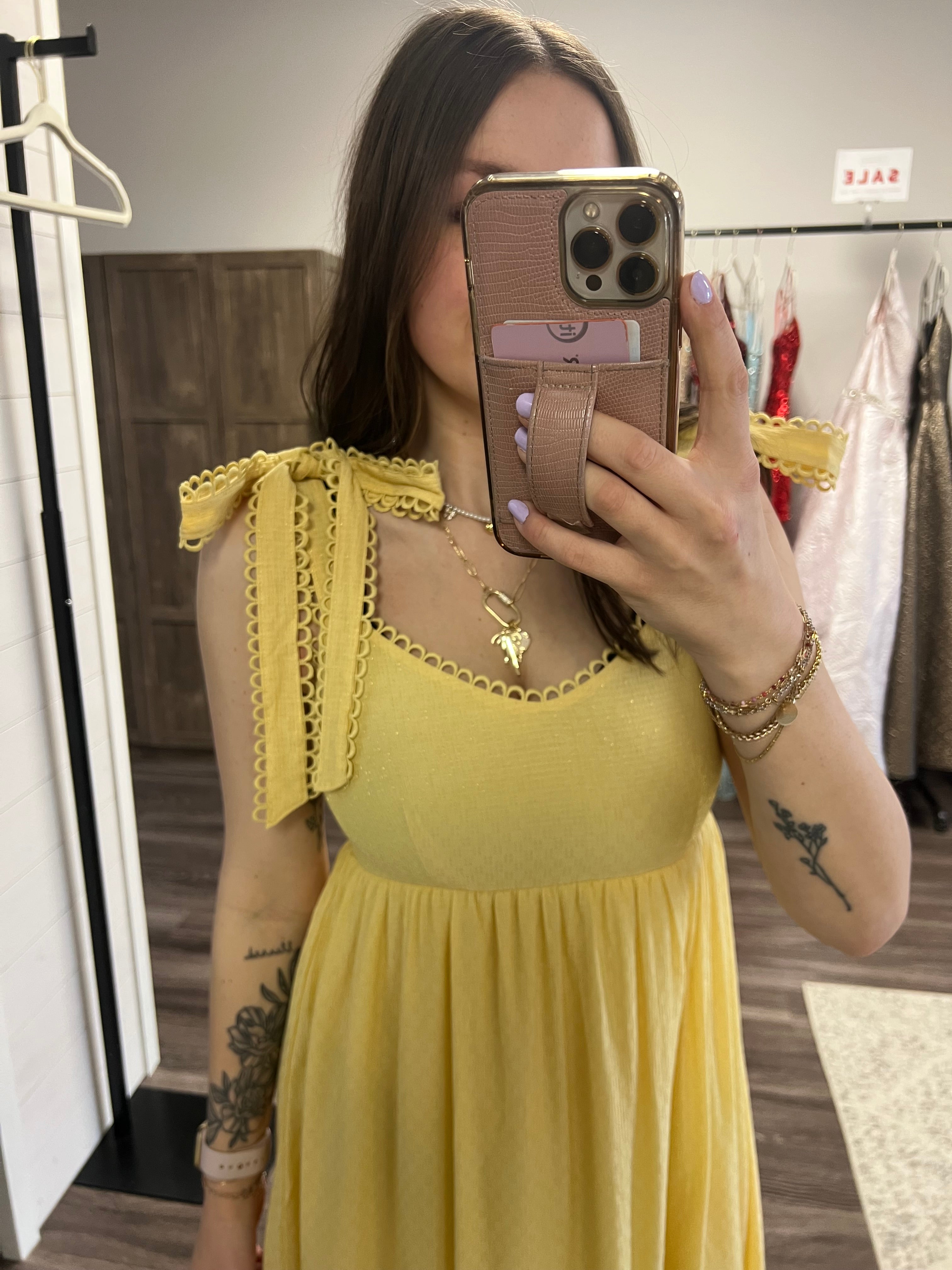 Yellow Eyelet Trim Midi Dress