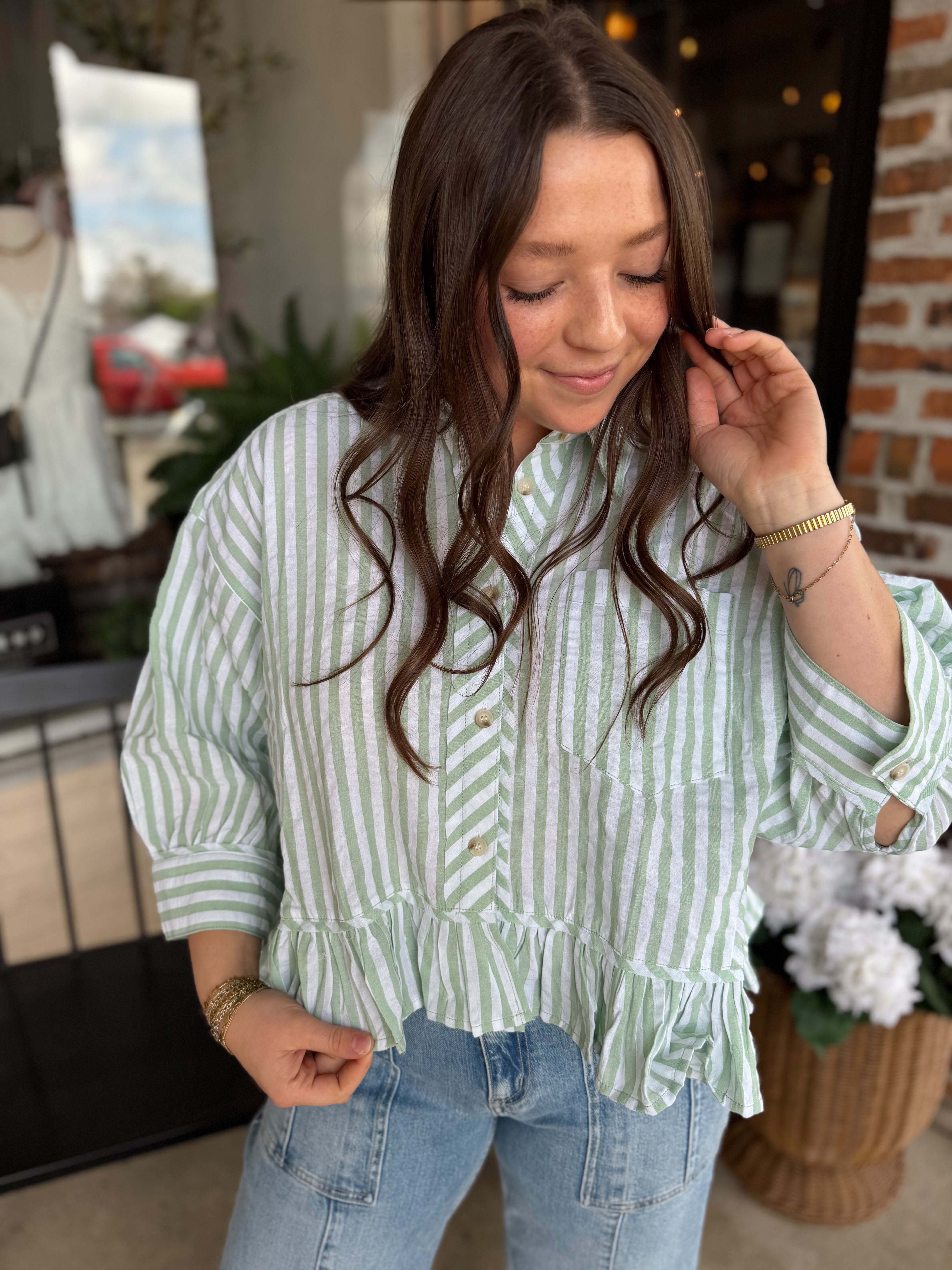 Sage Stripe Frill Hem Top - FINAL SALE