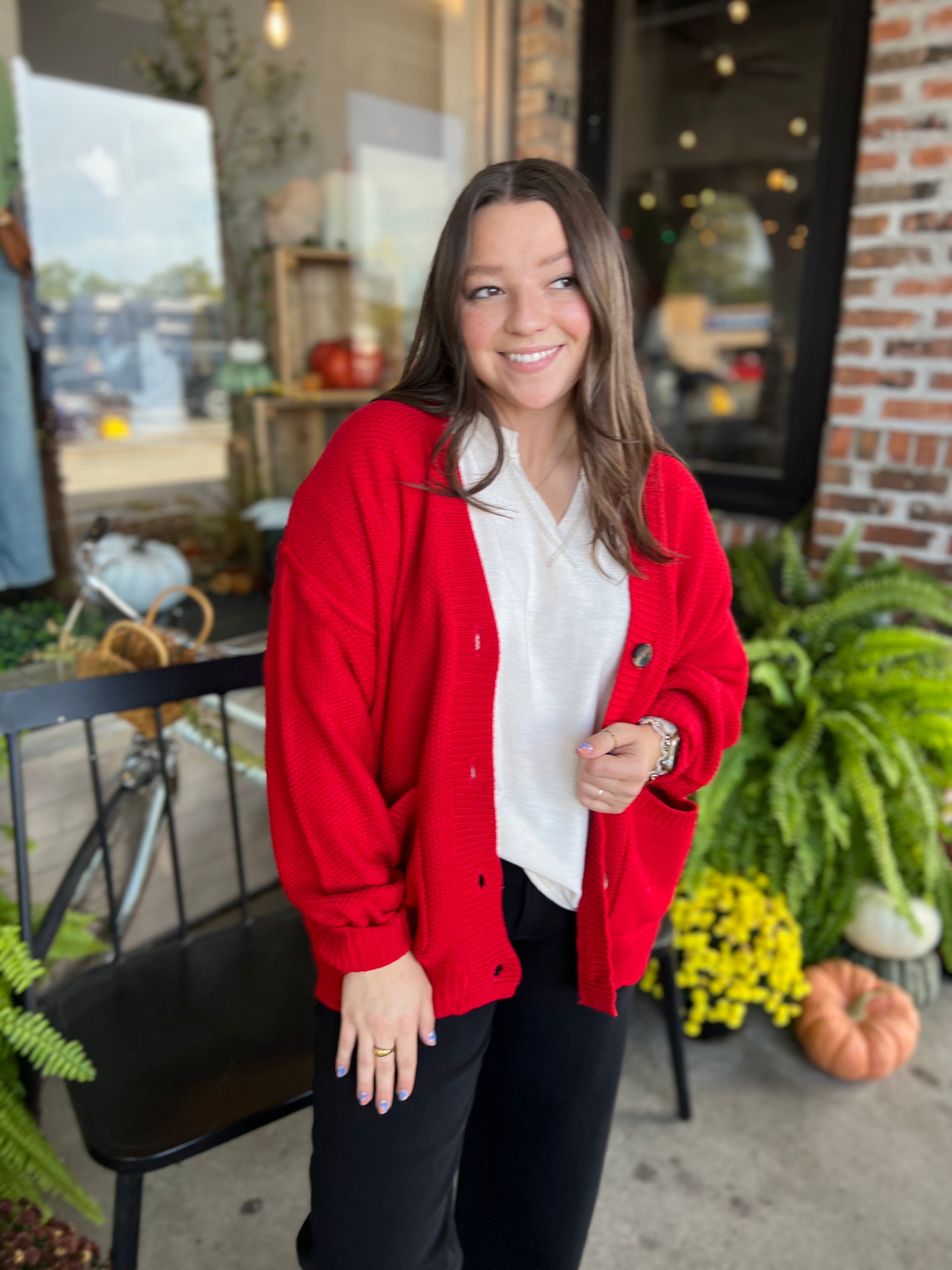 Red Button-front Oversized Cardigan
