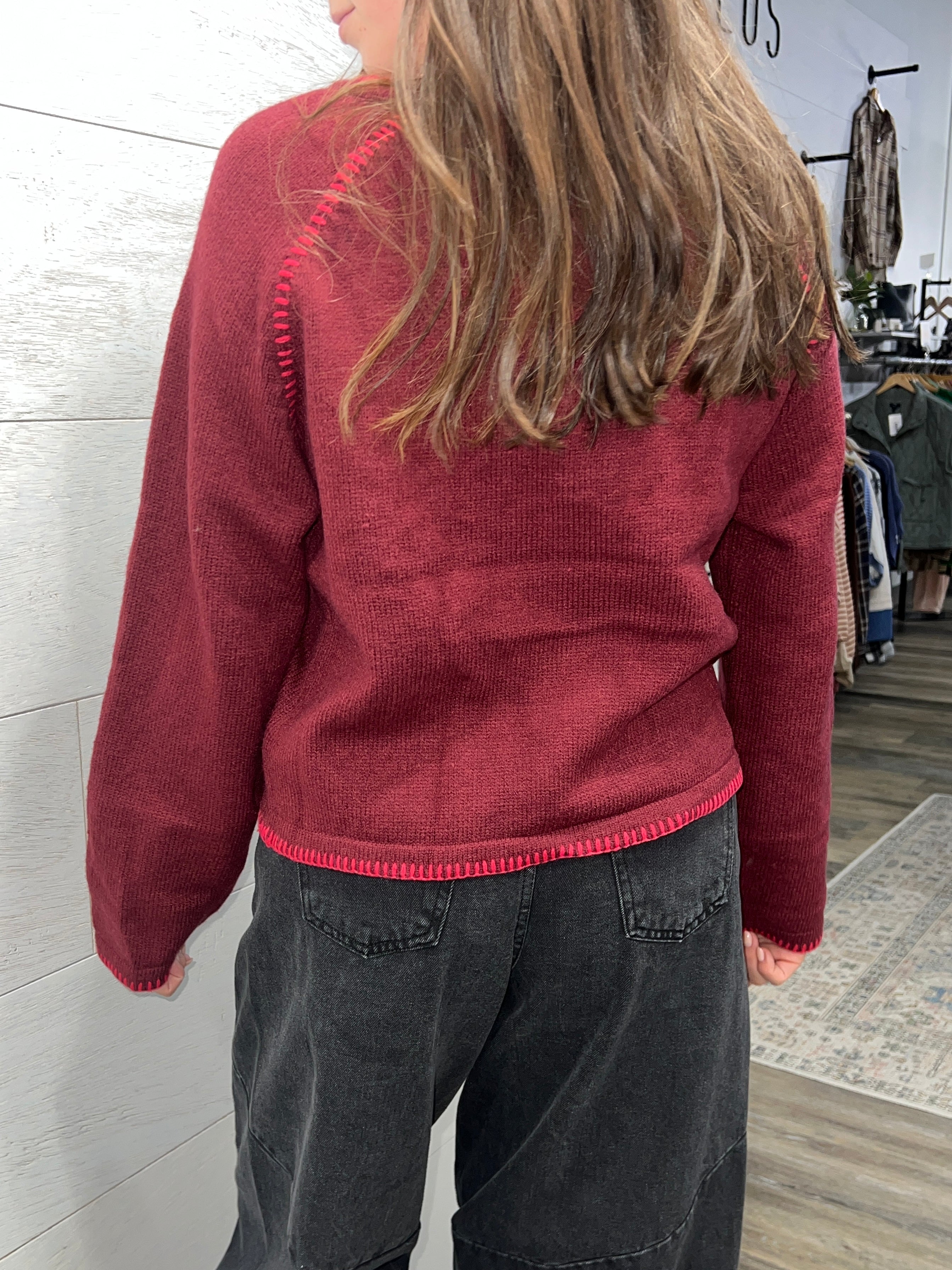 Red Contrast Stitch Sweater