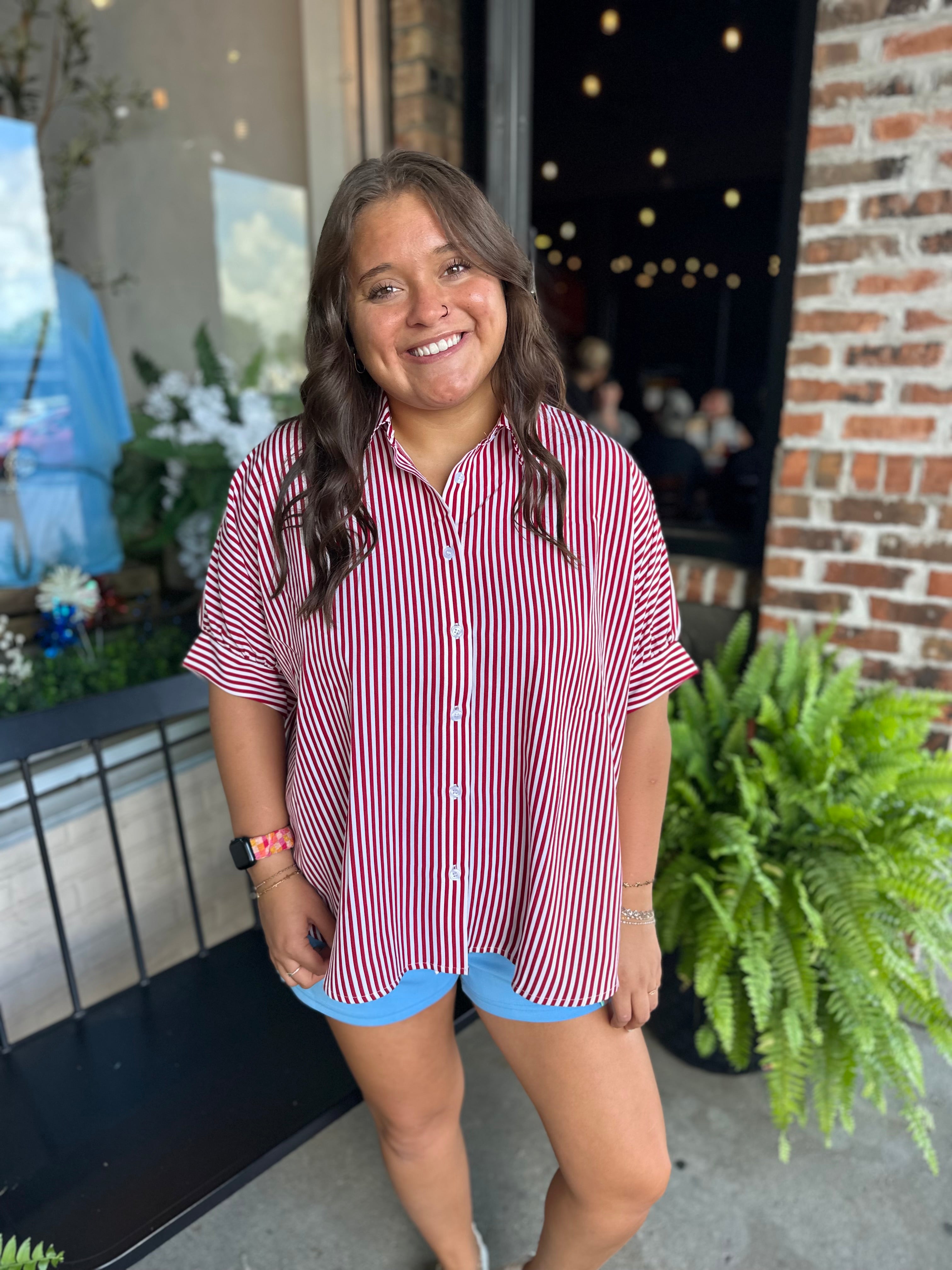 Red Oversized Short Sleeve Button Down