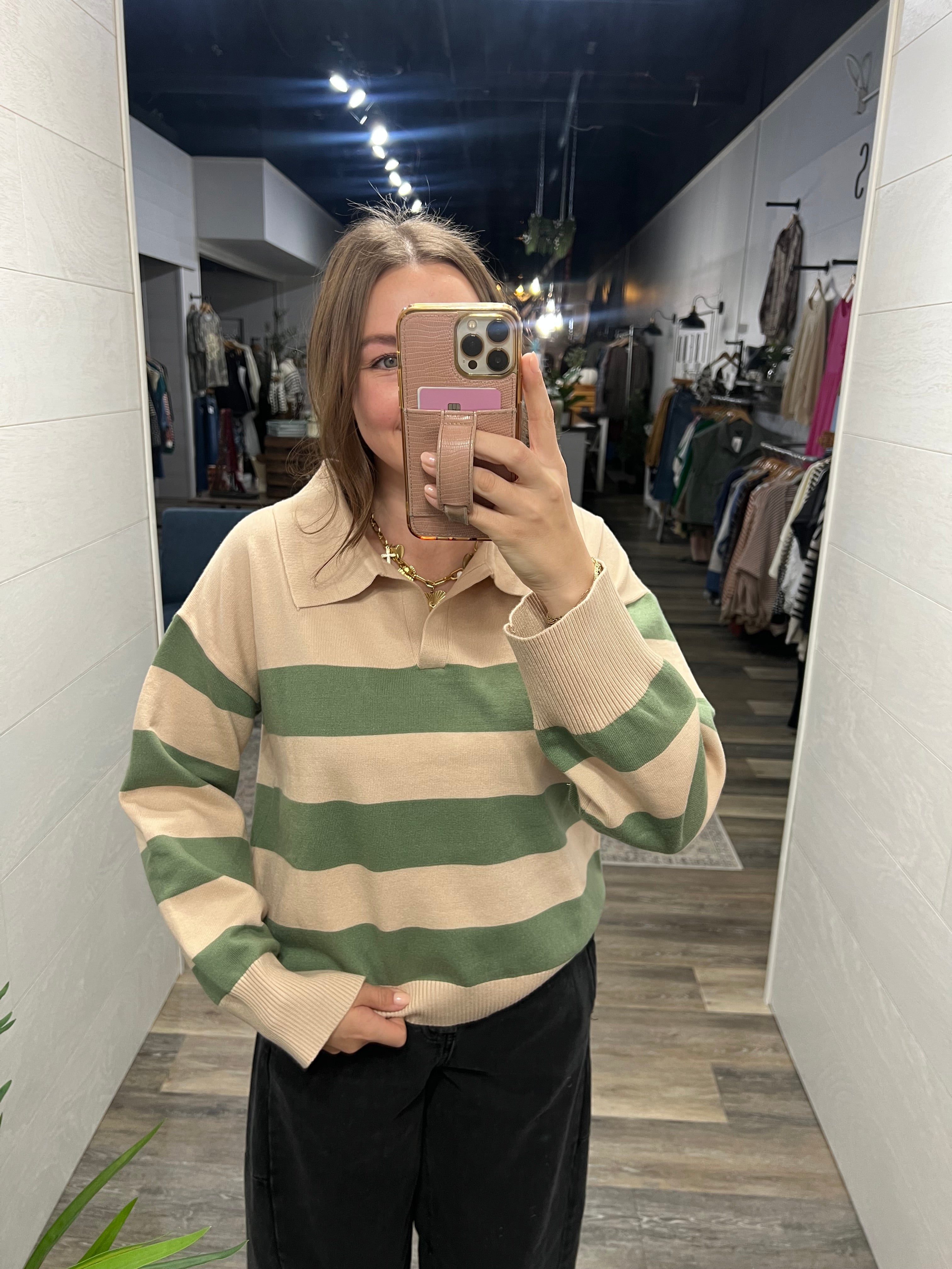 Olive Wide Stripe Polo Sweater - FINAL SALE