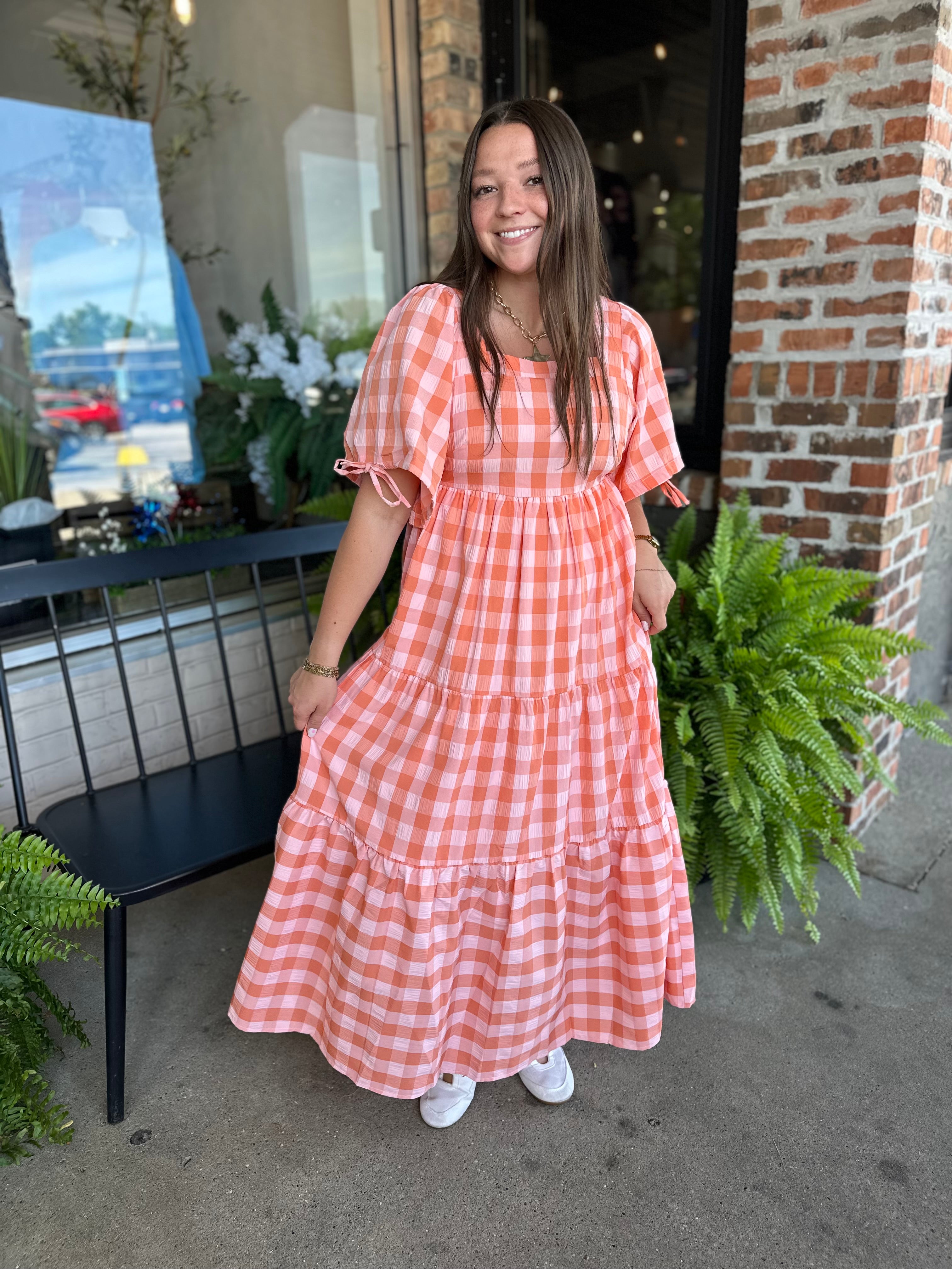 Salmon Gingham Tiered Maxi Dress