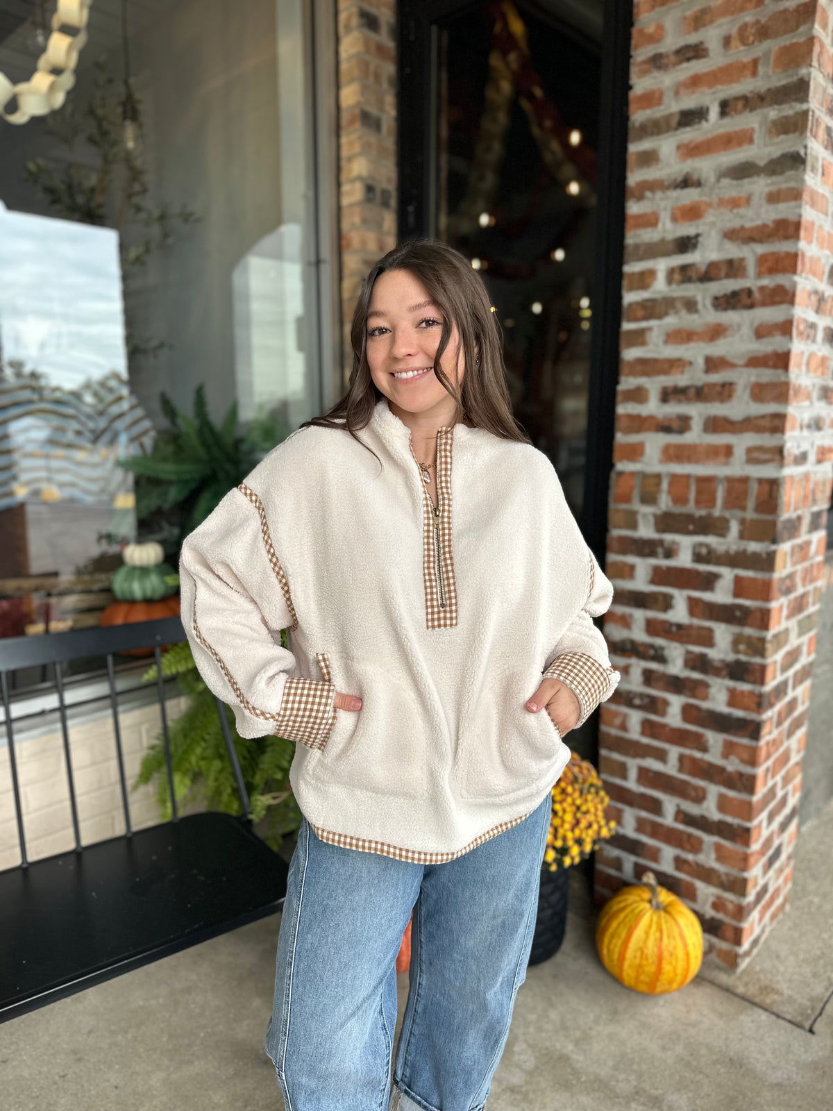 Cream Gingham Sherpa Pullover