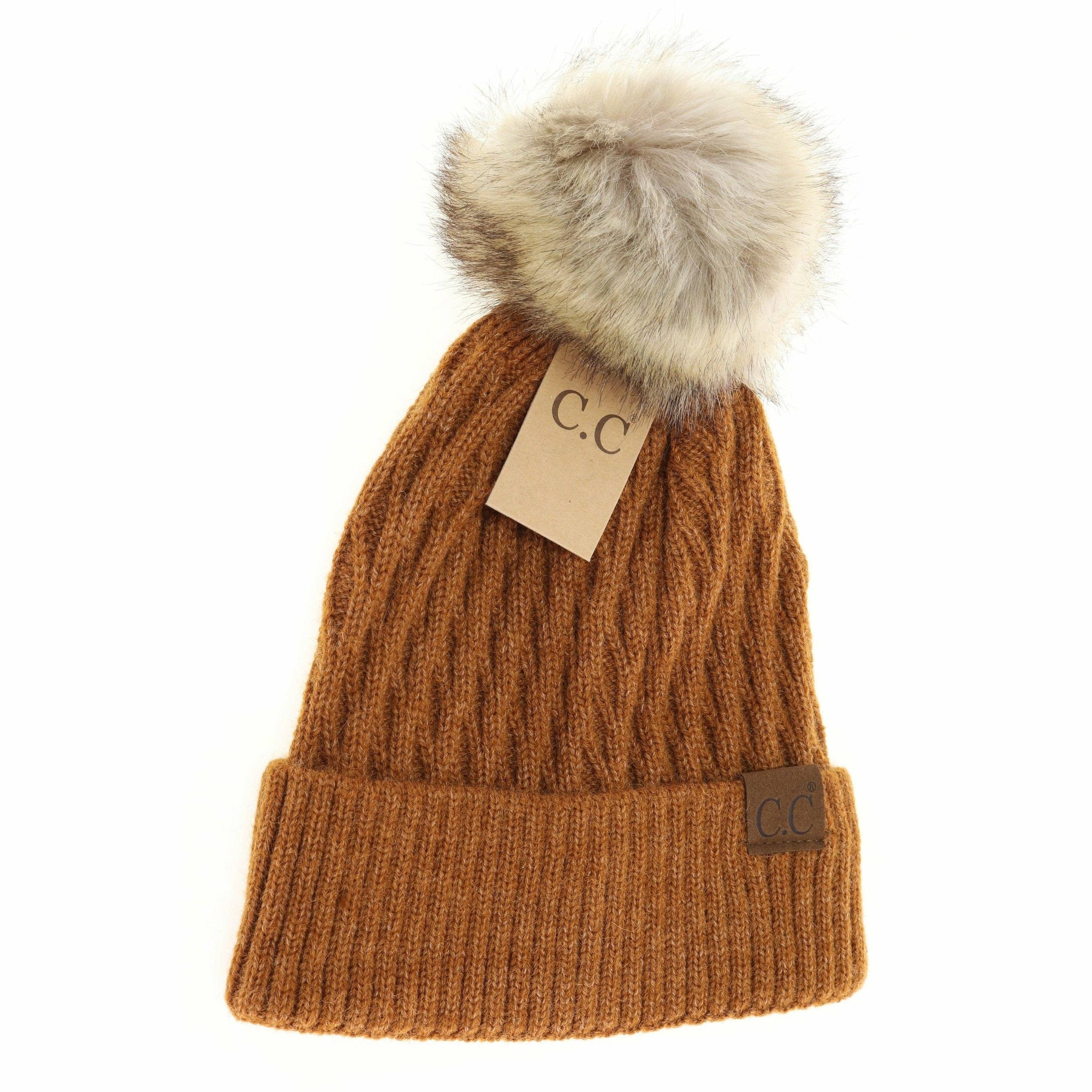 Camel Solid Honey Comb Fur Pom Beanie