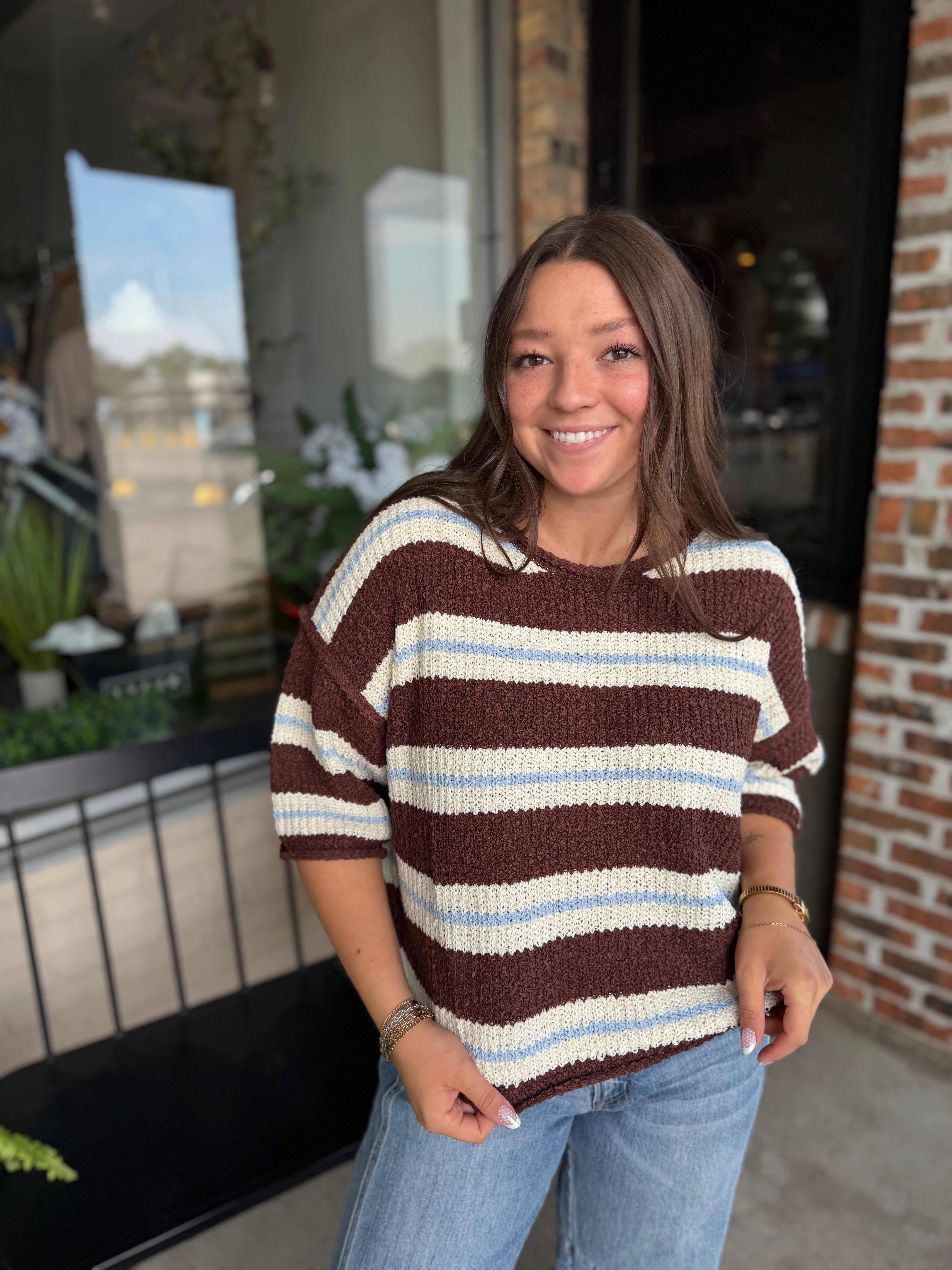 Brown Blue 3/4 Sleeve Striped Sweater