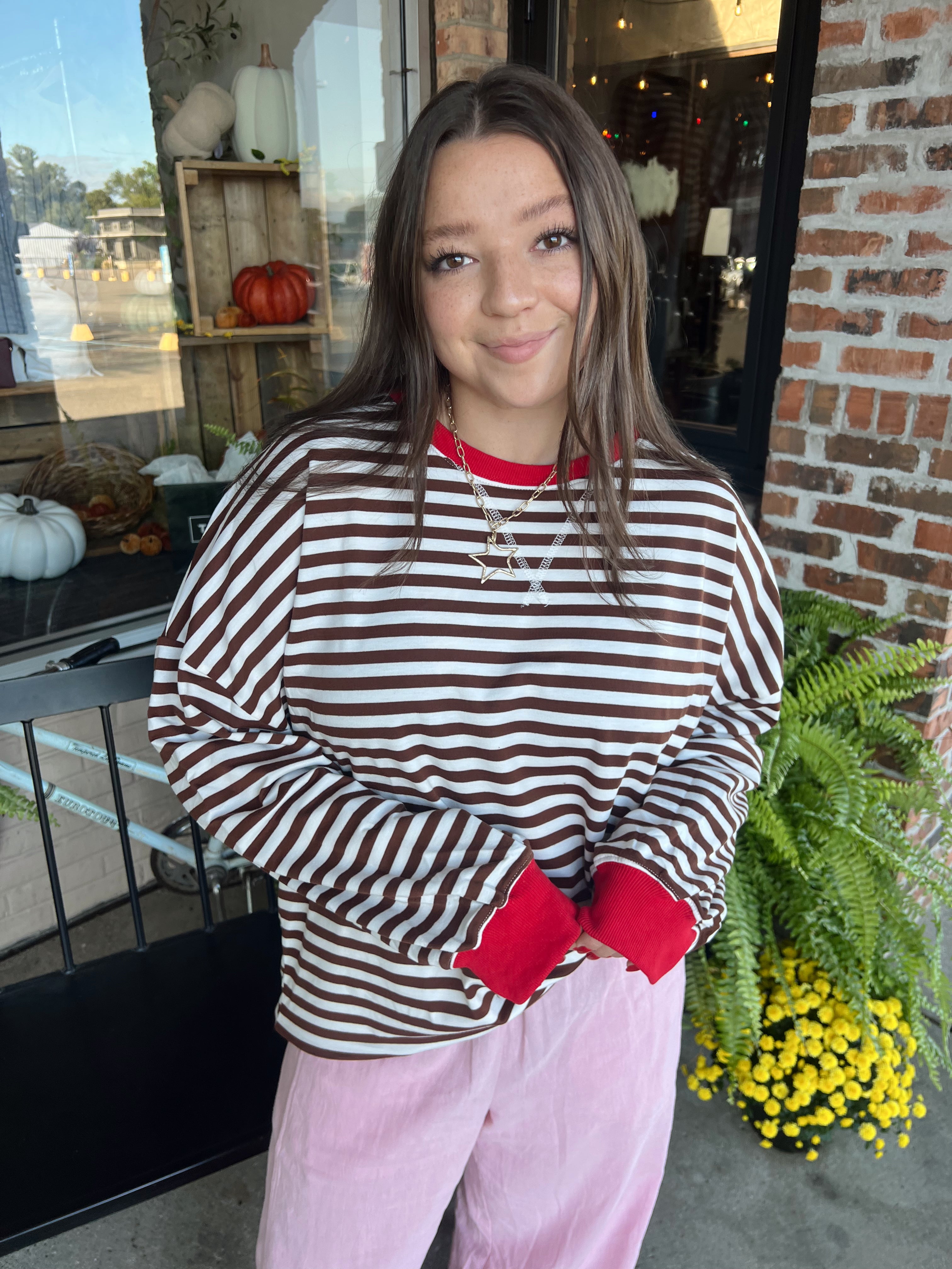 BROWN STRIPE LOOSE FIT PULLOVER TOP