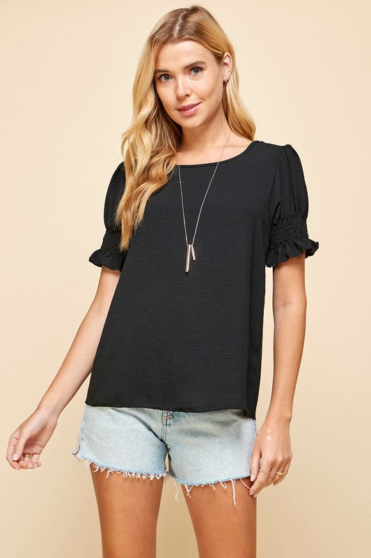 Black Smocked Sleeve Top