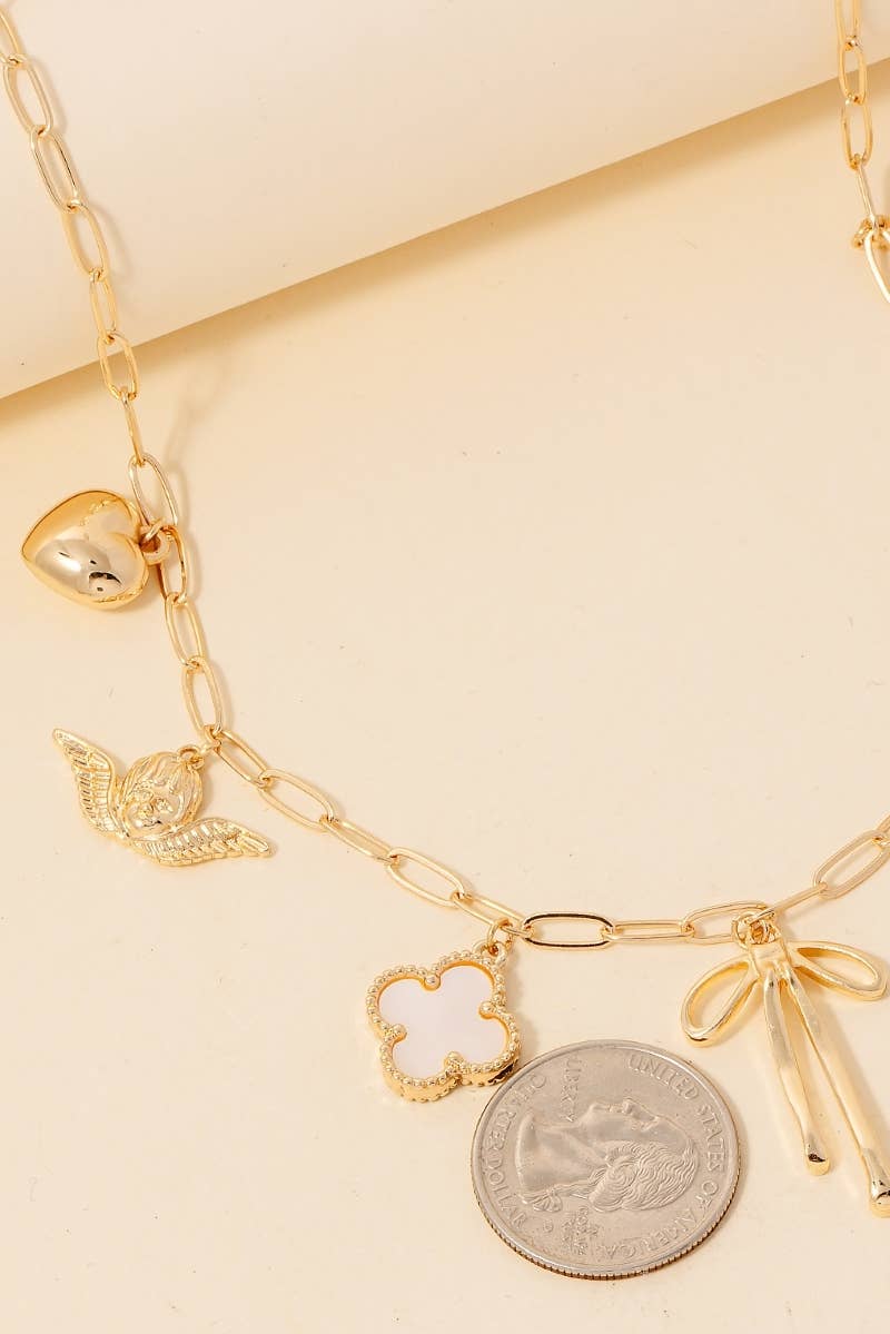 Heart Cross Angel Ribbon And Angel Charms Chain Necklace