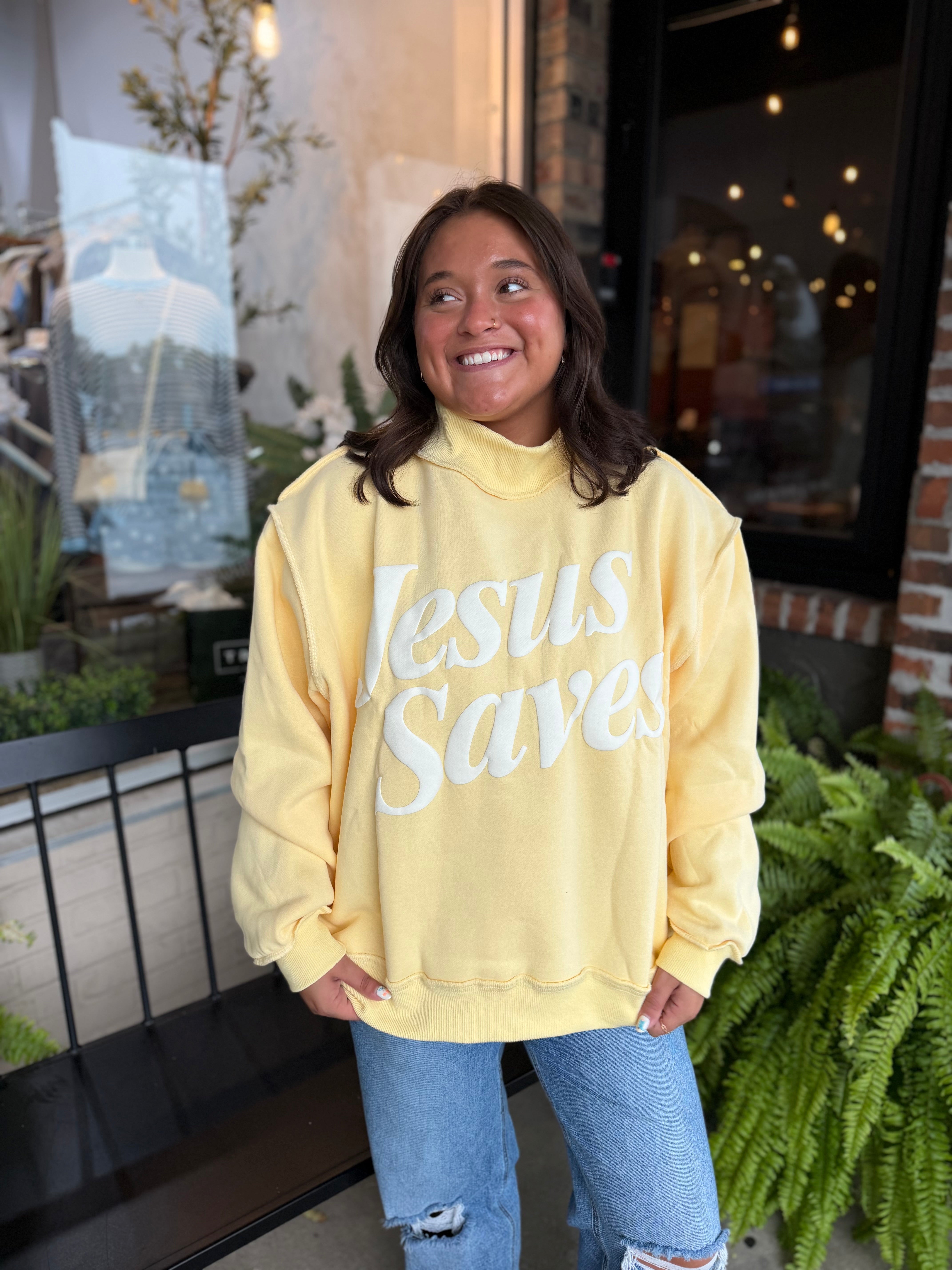 Yellow Jesus Saves Mock Neck Sweatshirt