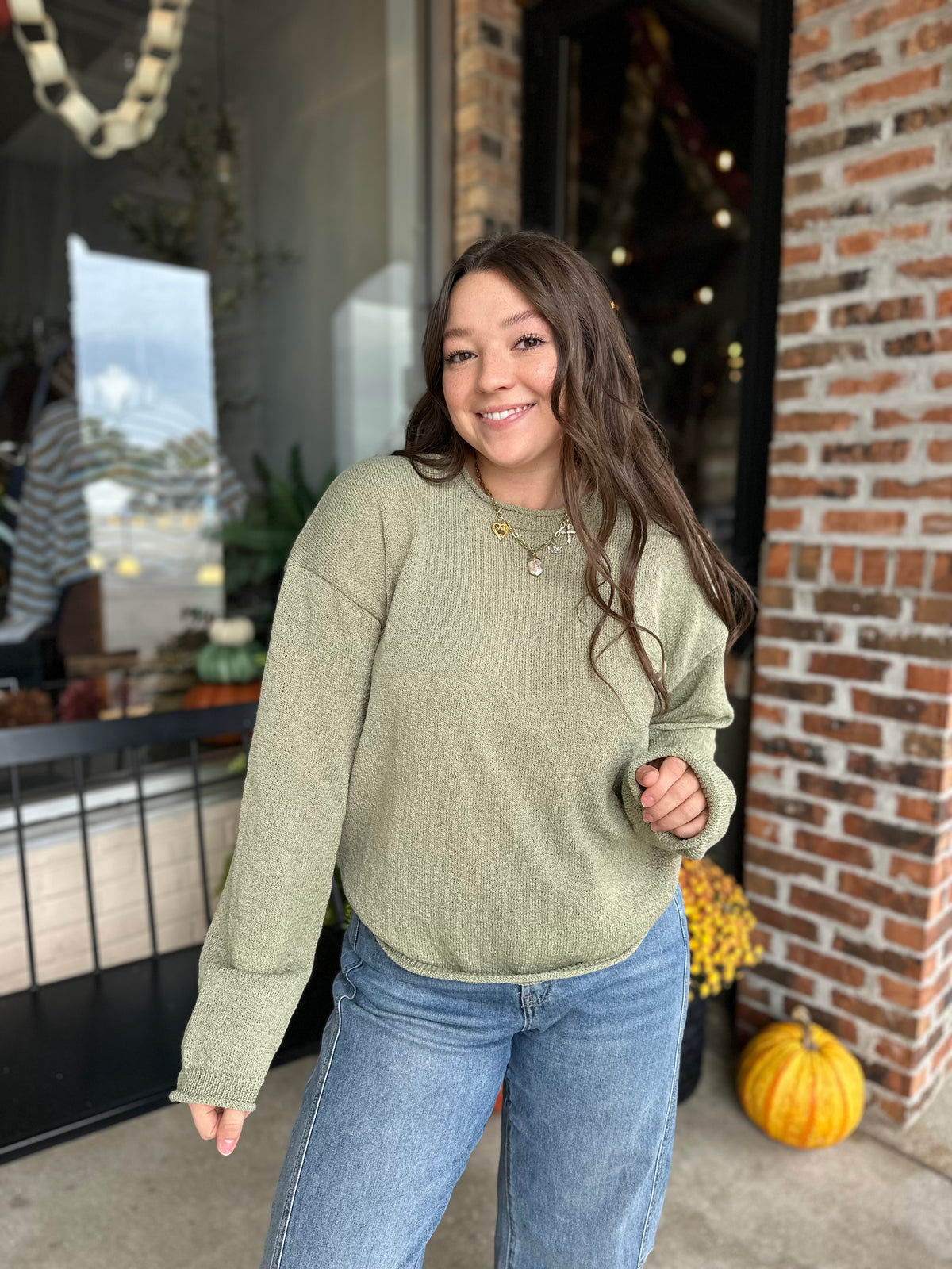 Olive Raw Edge Knit Sweater