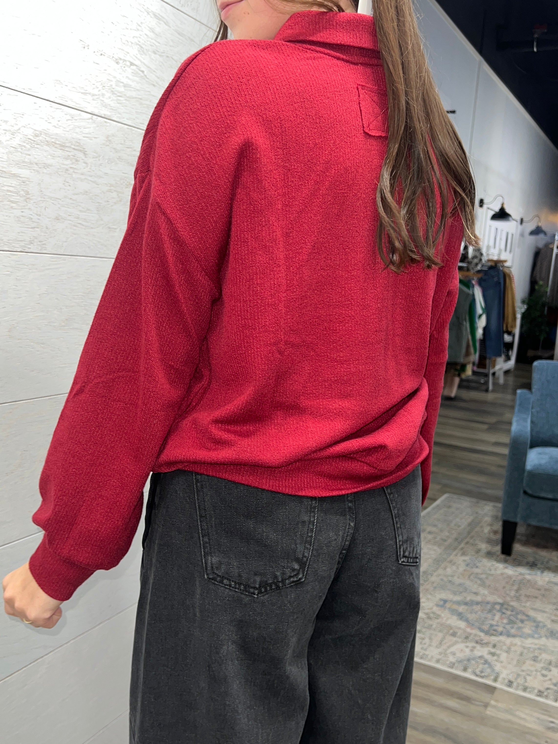 Red Half Snap Collared Top