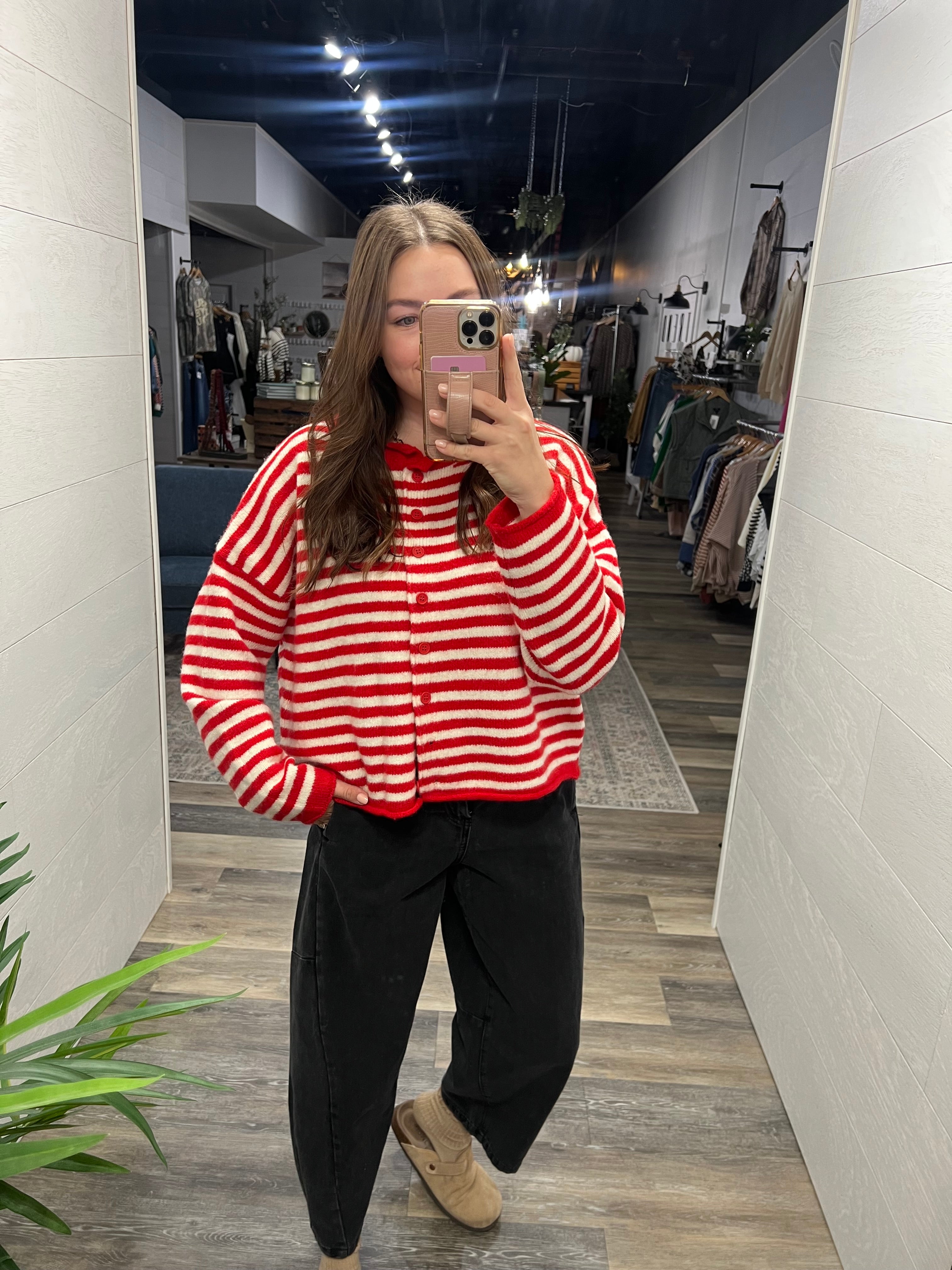 Red Ivory Striped Button Down Cardigan