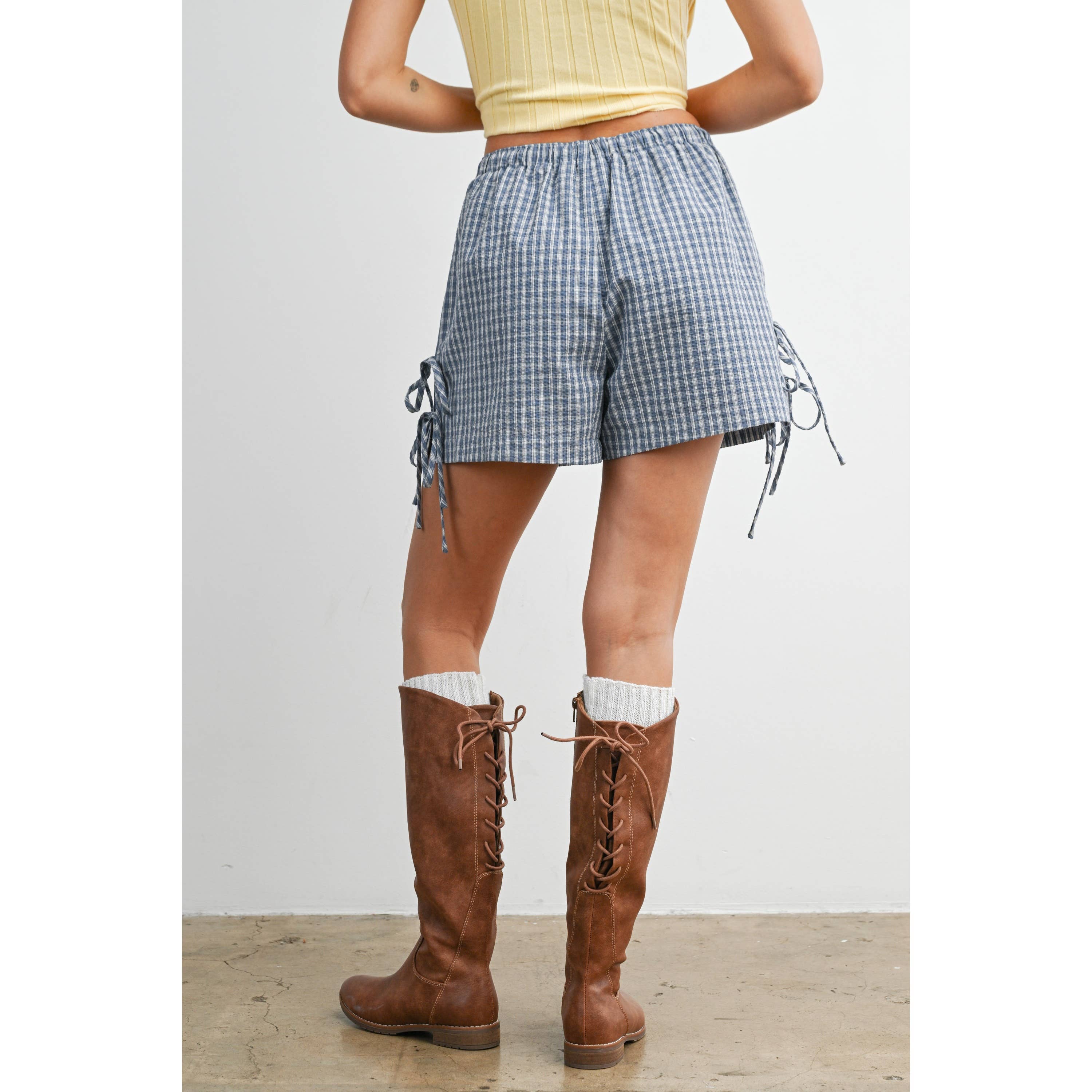 Navy Plaid Side-Tie Elastic Waist Shorts