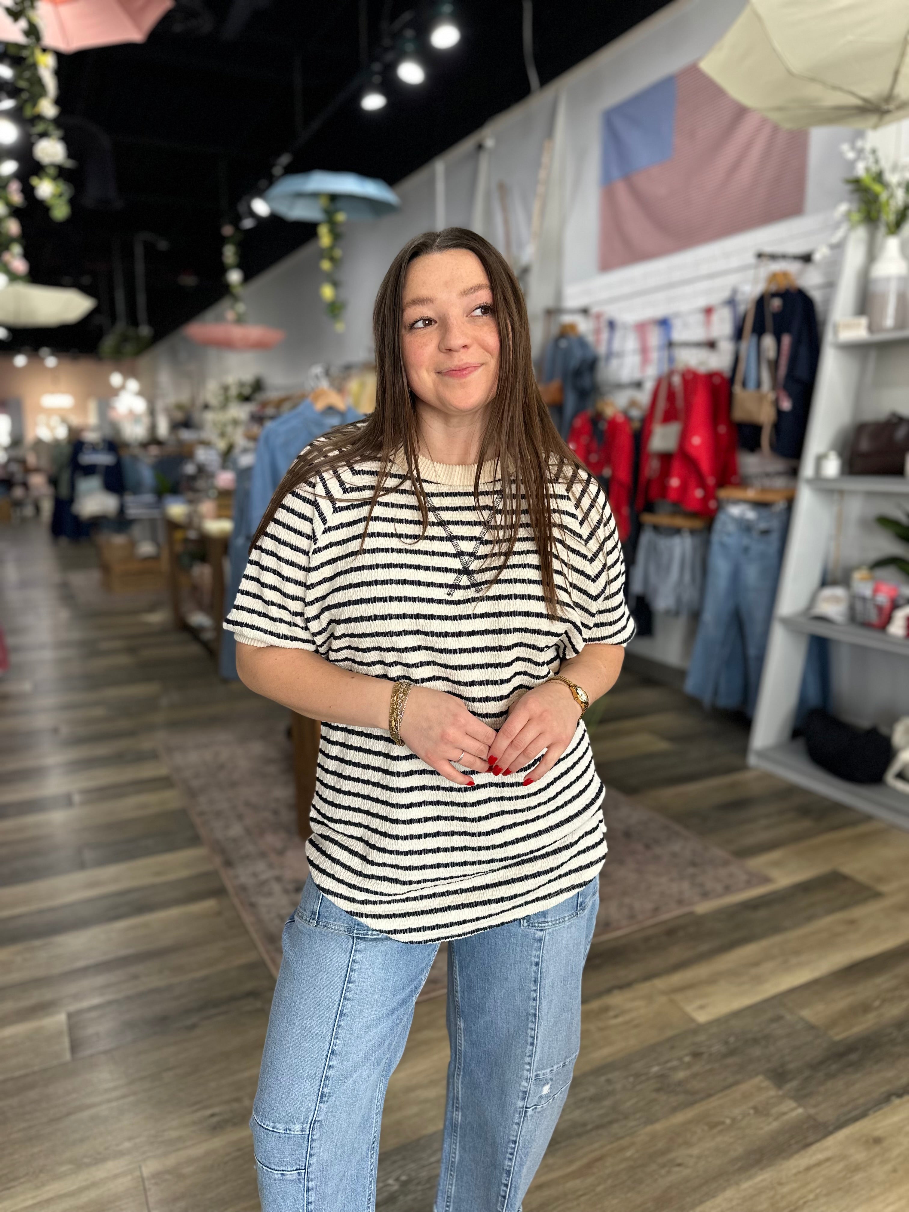 Navy Stripe V-Seam Top