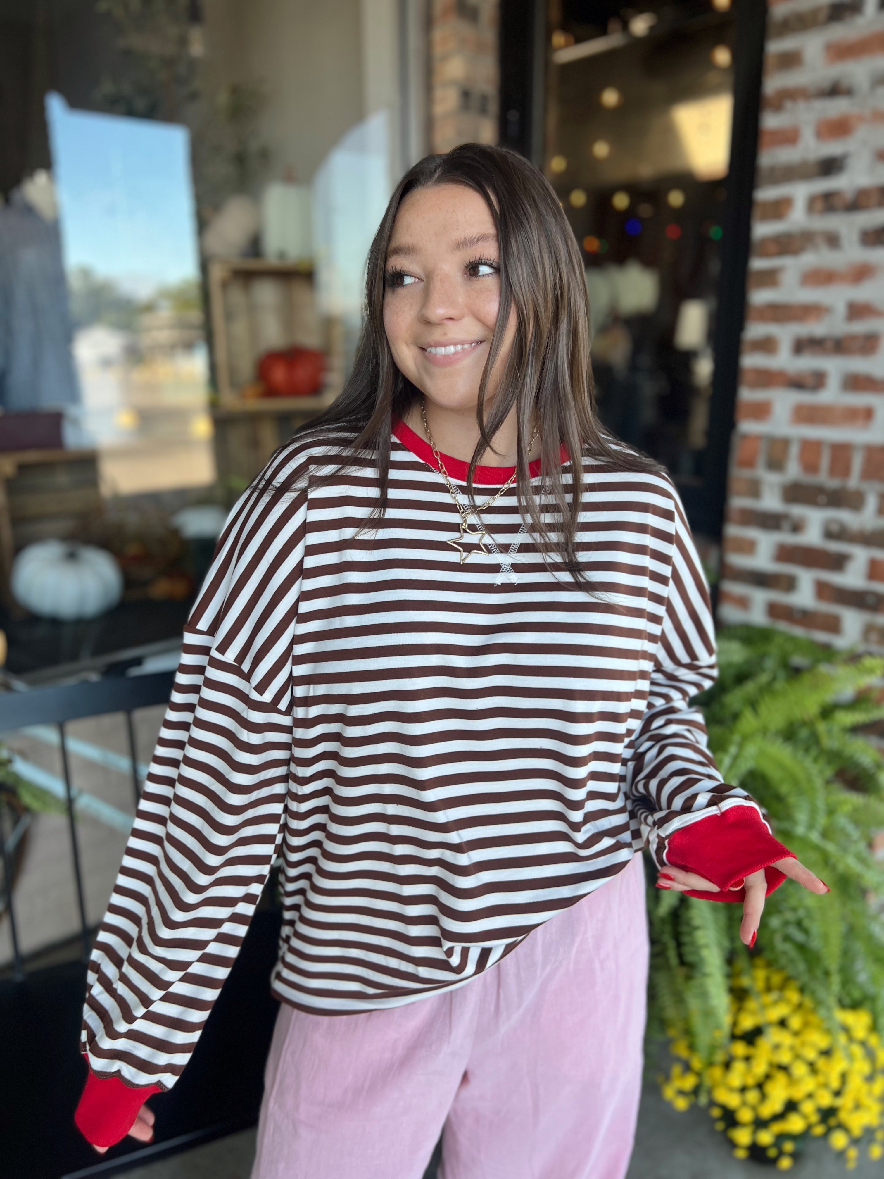 BROWN STRIPE LOOSE FIT PULLOVER TOP