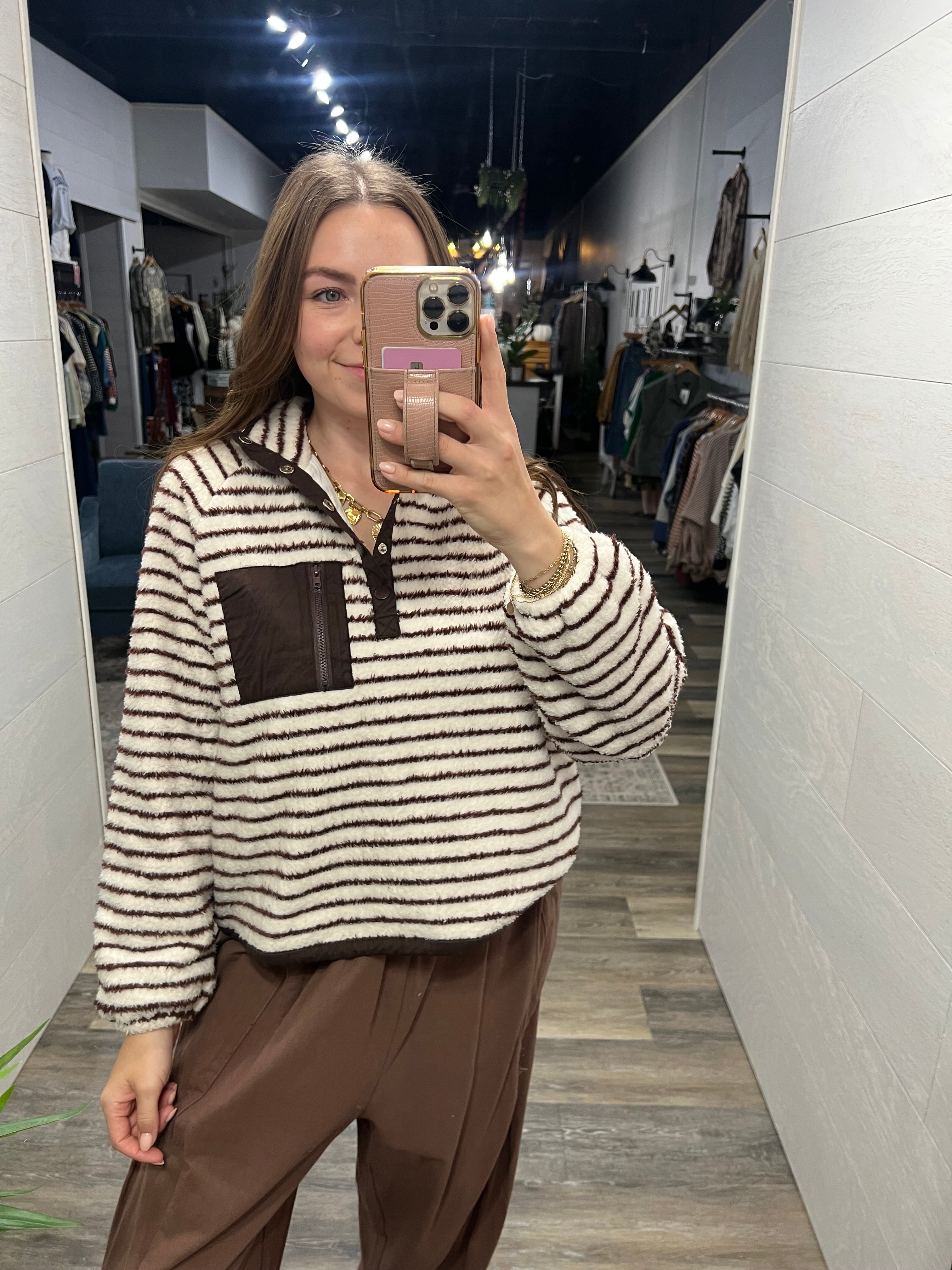 STRIPED MICROFIBER SNAP PULLOVER