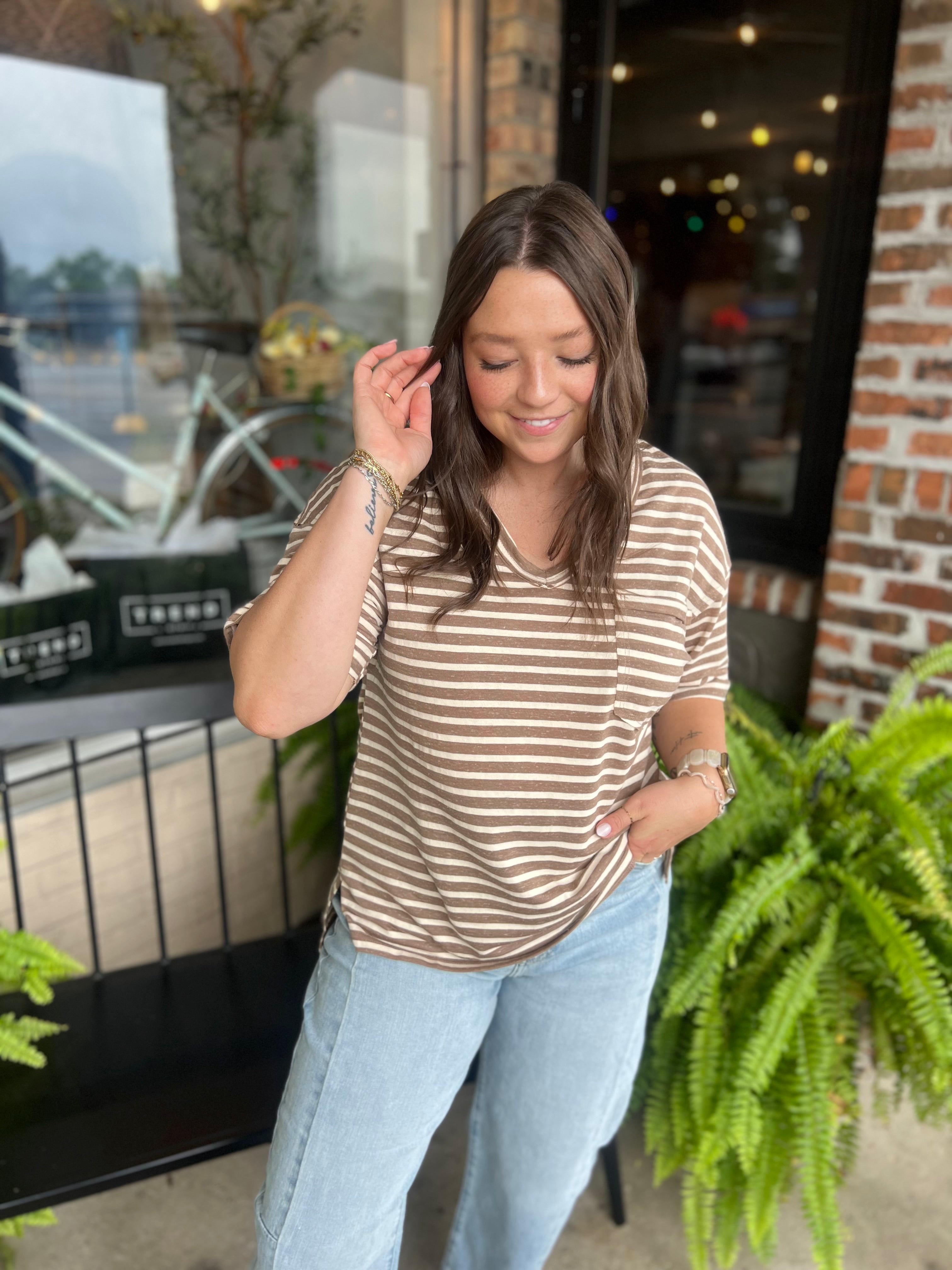 Mocha Oversized Stripe V-Neck Knit Top