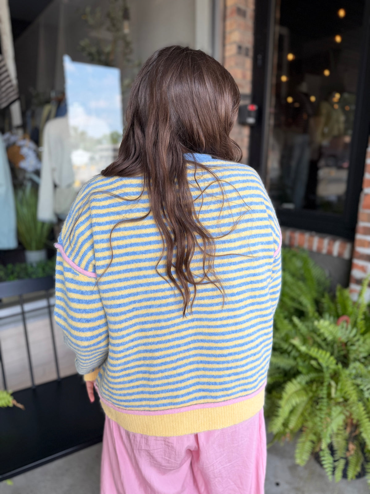 Blue Yellow Contrast Trim Stripe Sweater