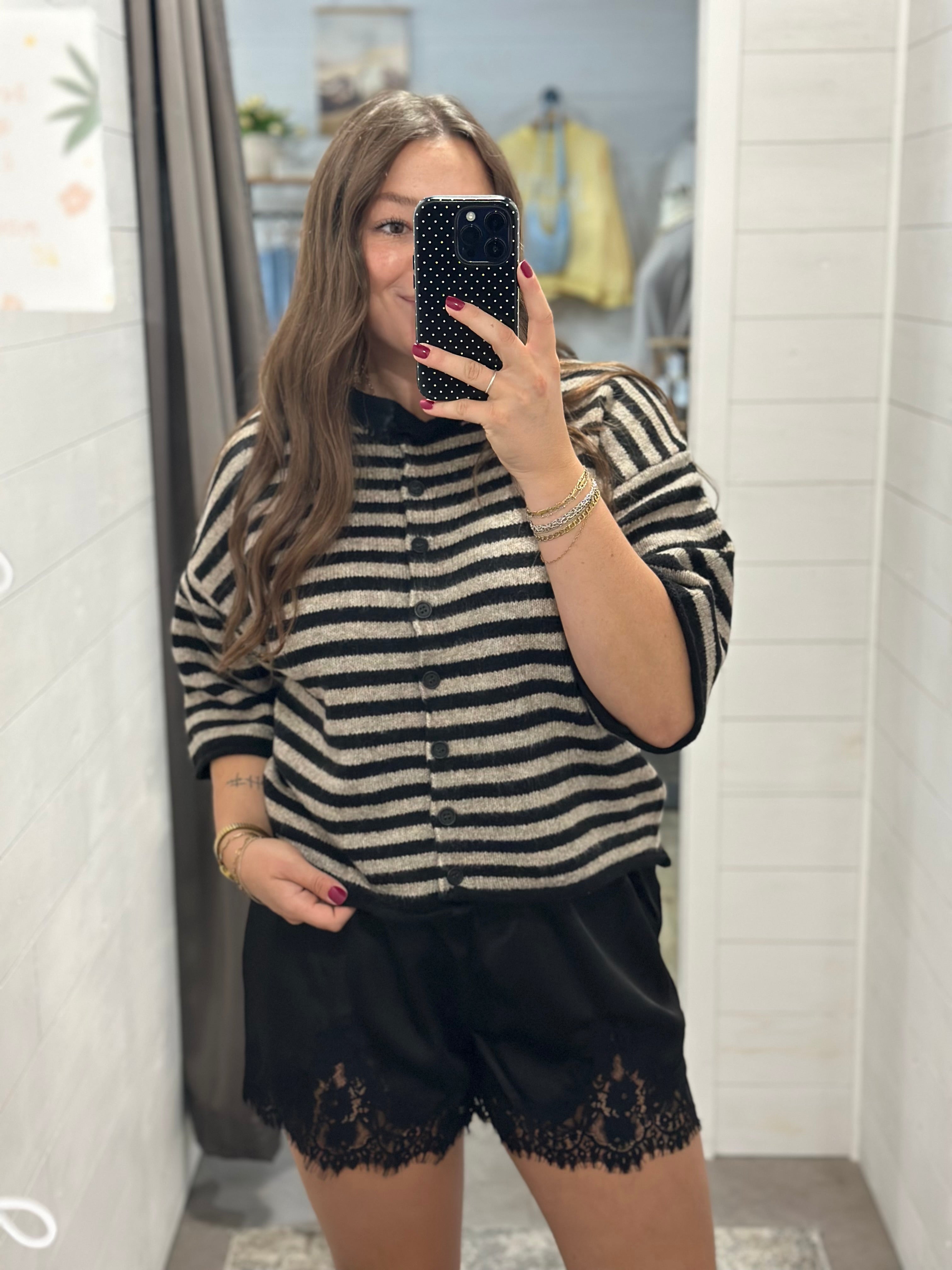 Black Knit Striped Quarter Sleeve Cardigan