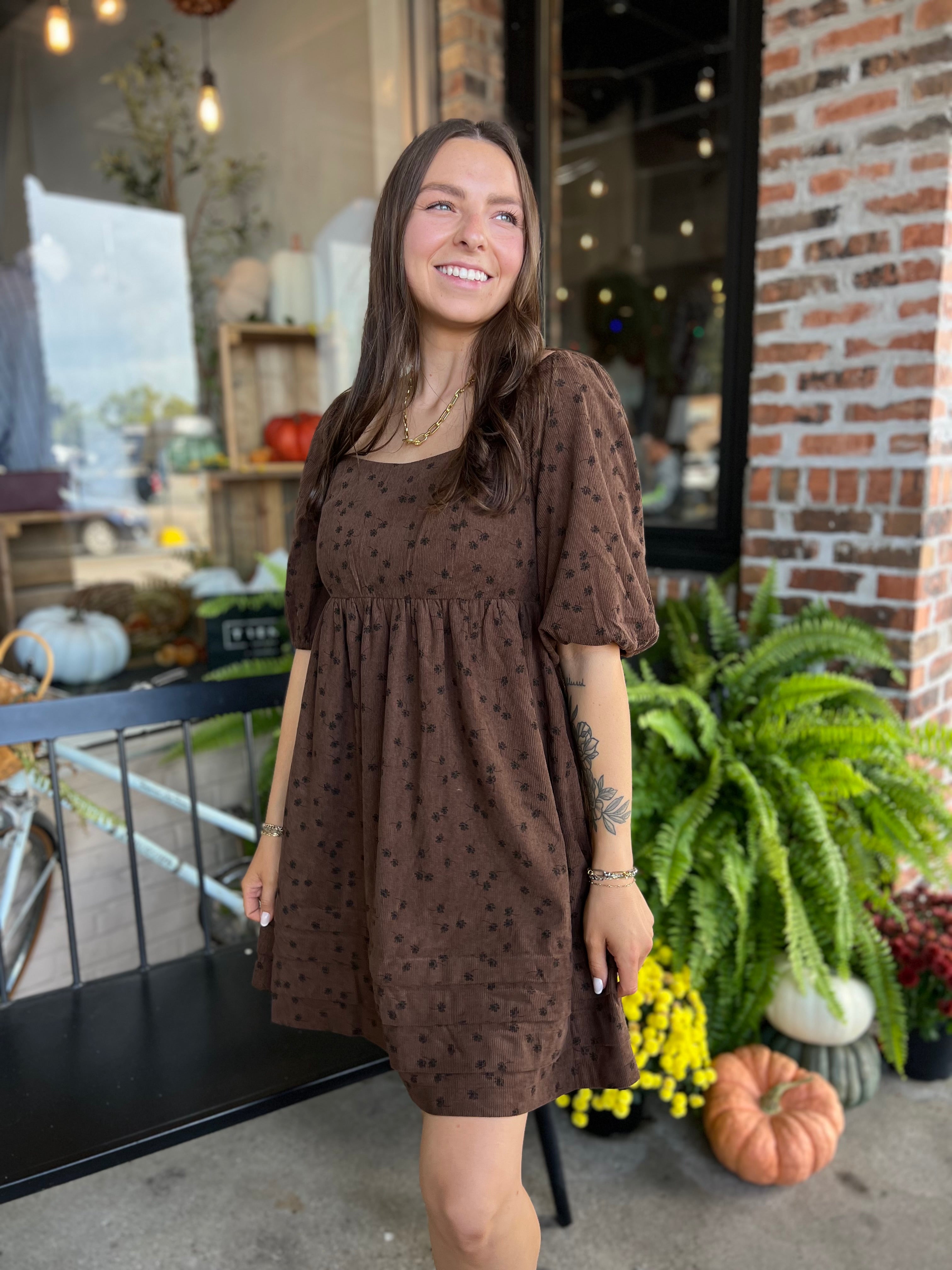 Mocha Floral Corduroy Mini Dress