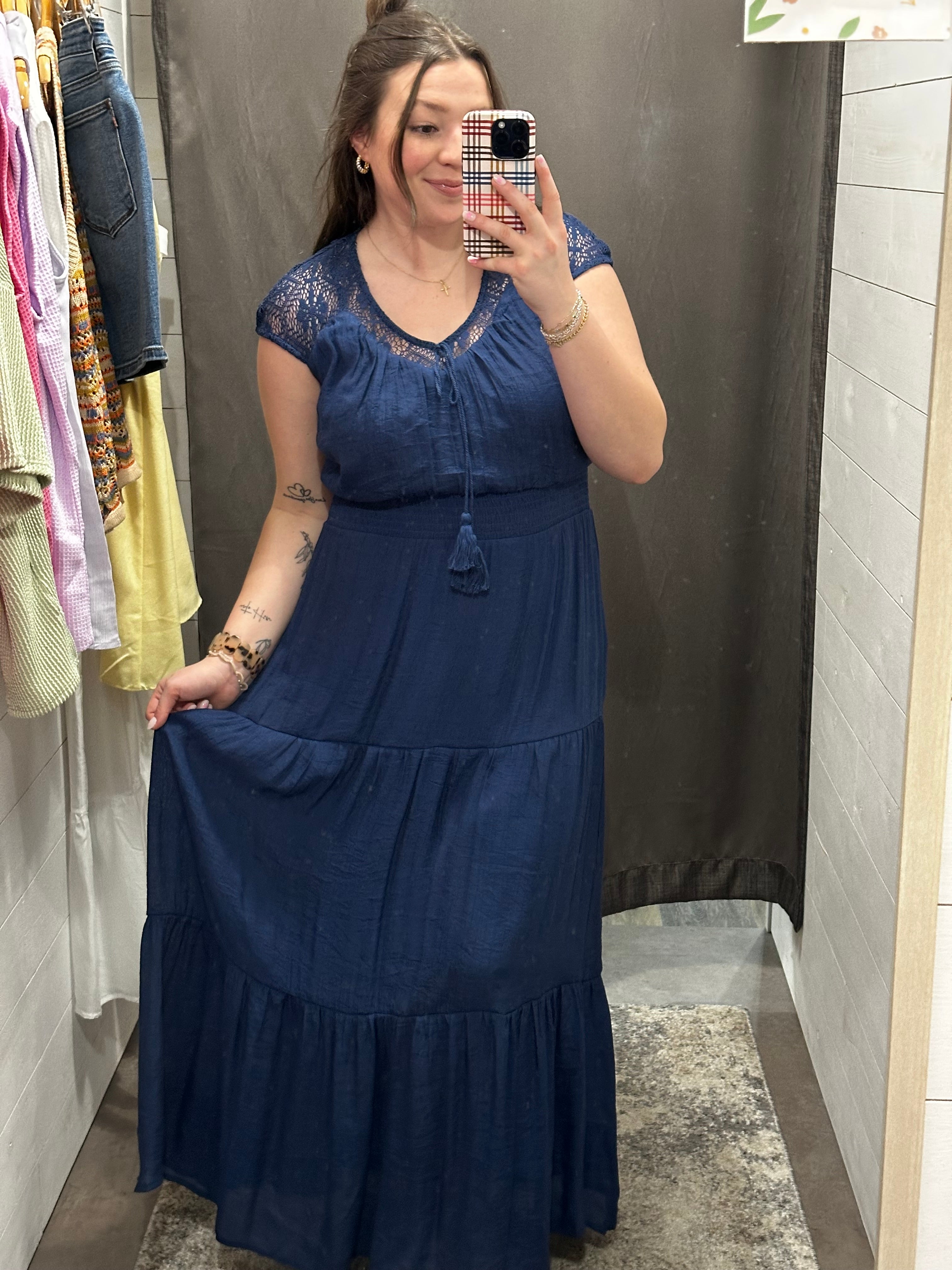 Navy Lace Smocked Maxi Dress