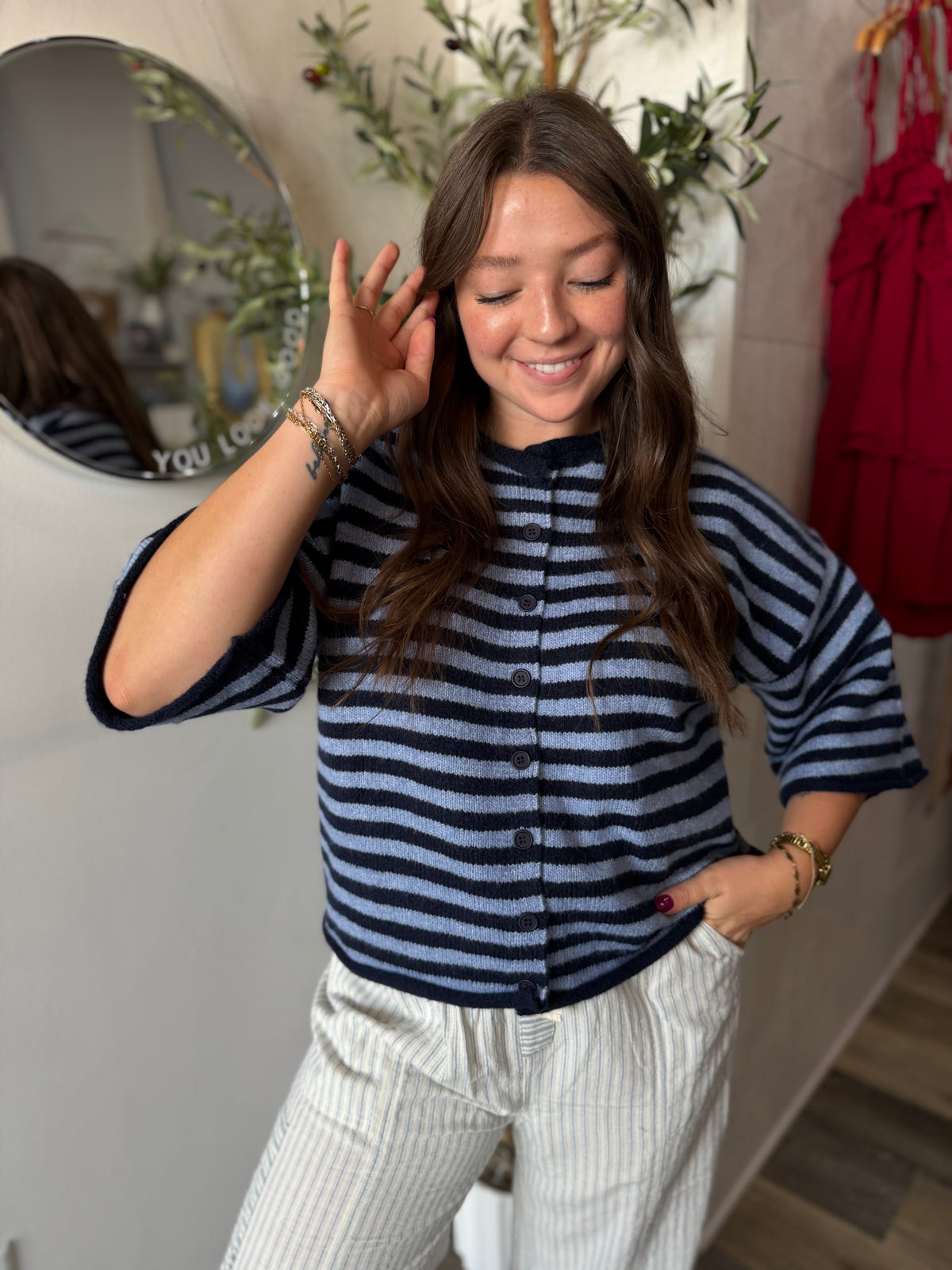 Navy Striped Quarter Sleeve Cardigan