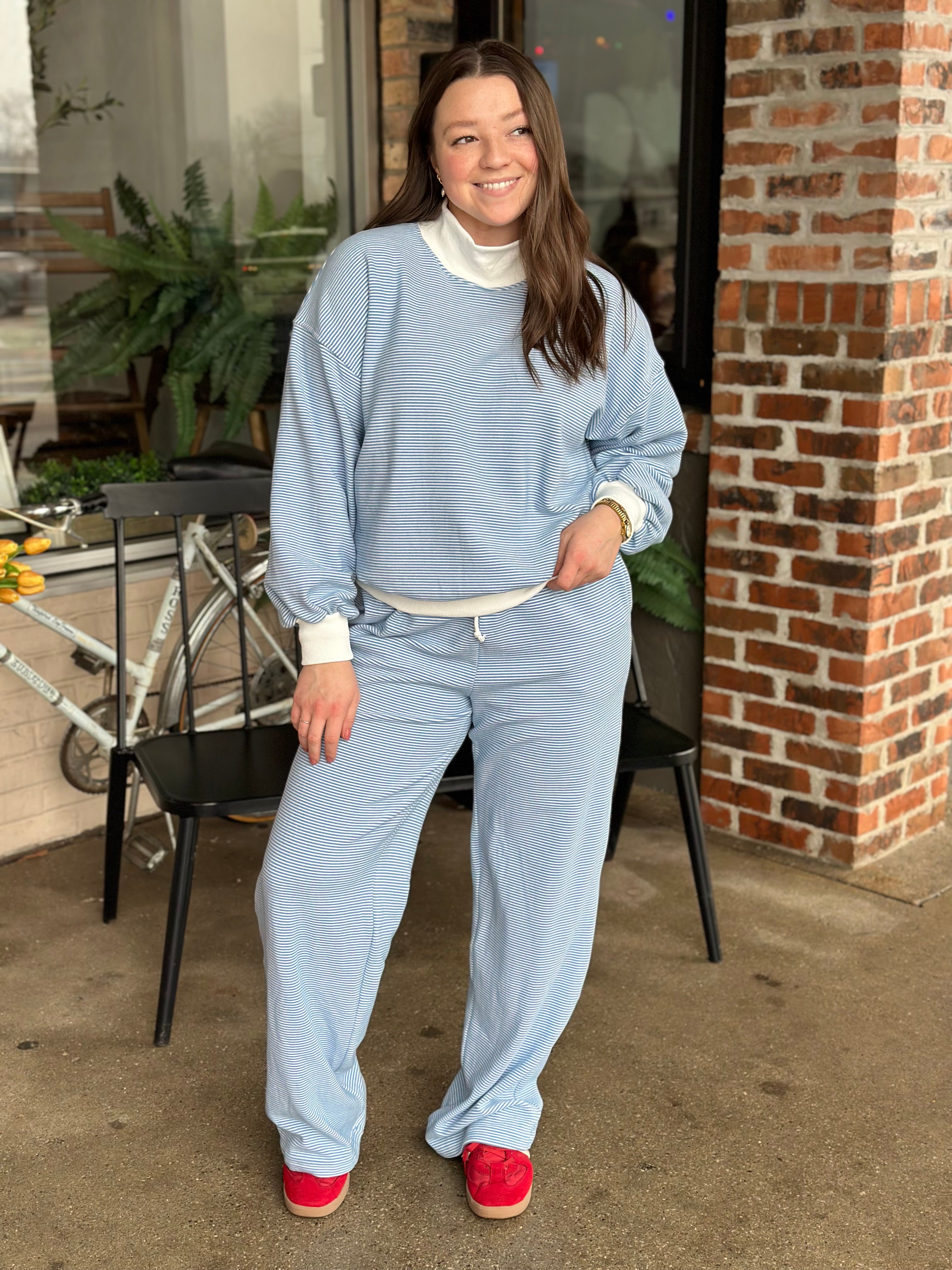 Blue Mock Neck Stripe Sweatshirt