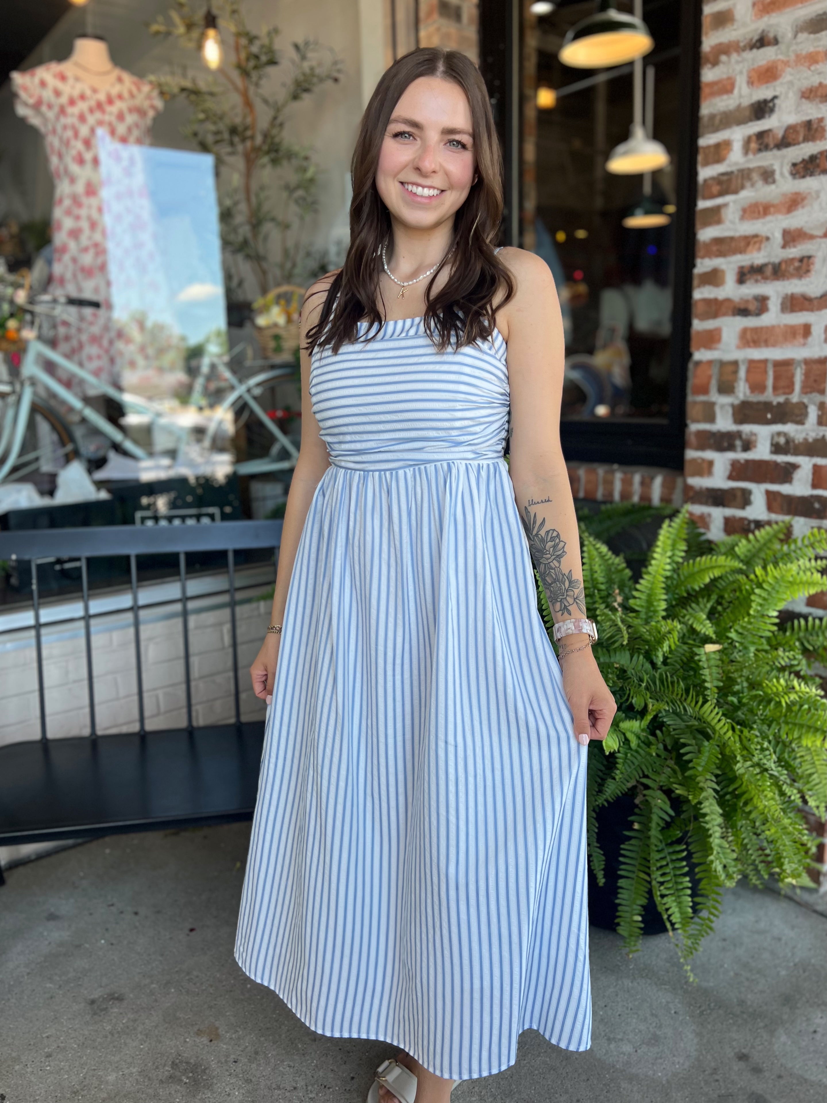 Blue Ruched Stripe Midi Dress