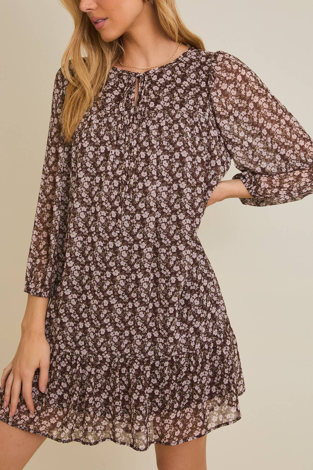 Mocha Ditsy Floral Flare Hem Dress