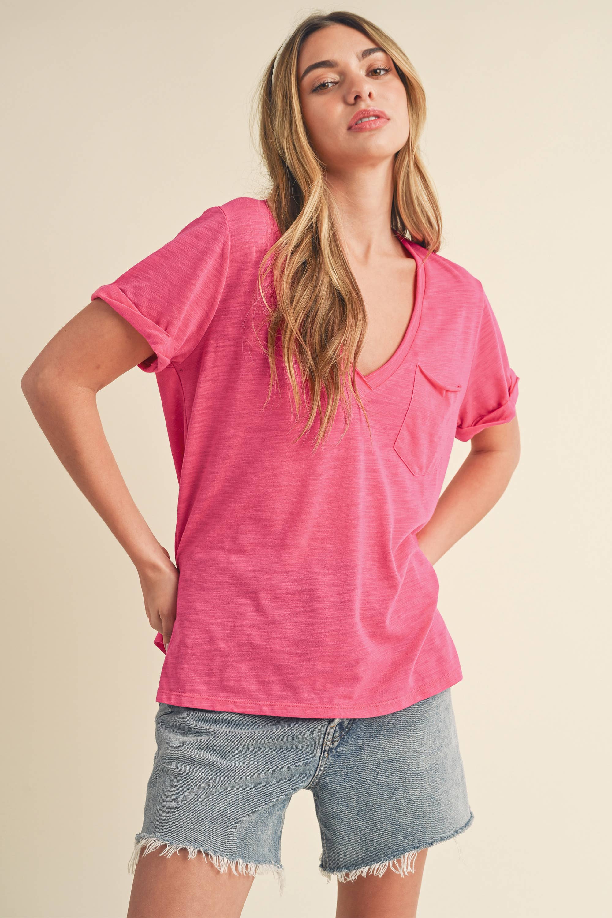 Pink V-Neck Short Sleeve Top - FINAL SALE