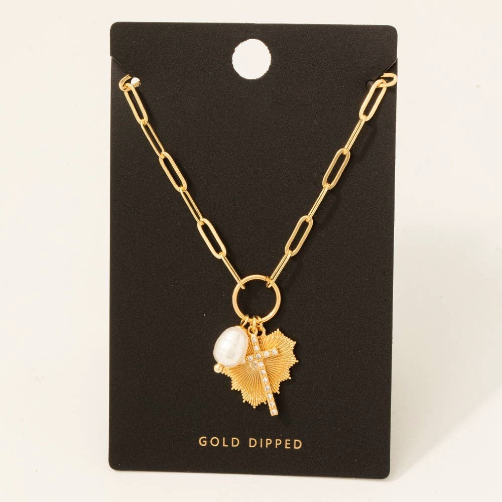 Gold Cross Pearl & Heart Charm Necklace