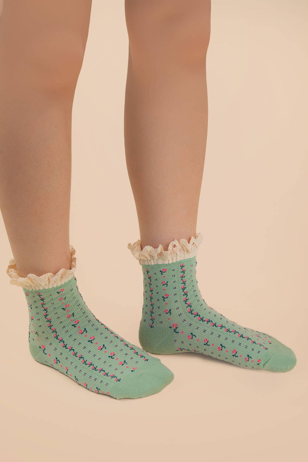 Sage Lace Trim Floral Crew Socks