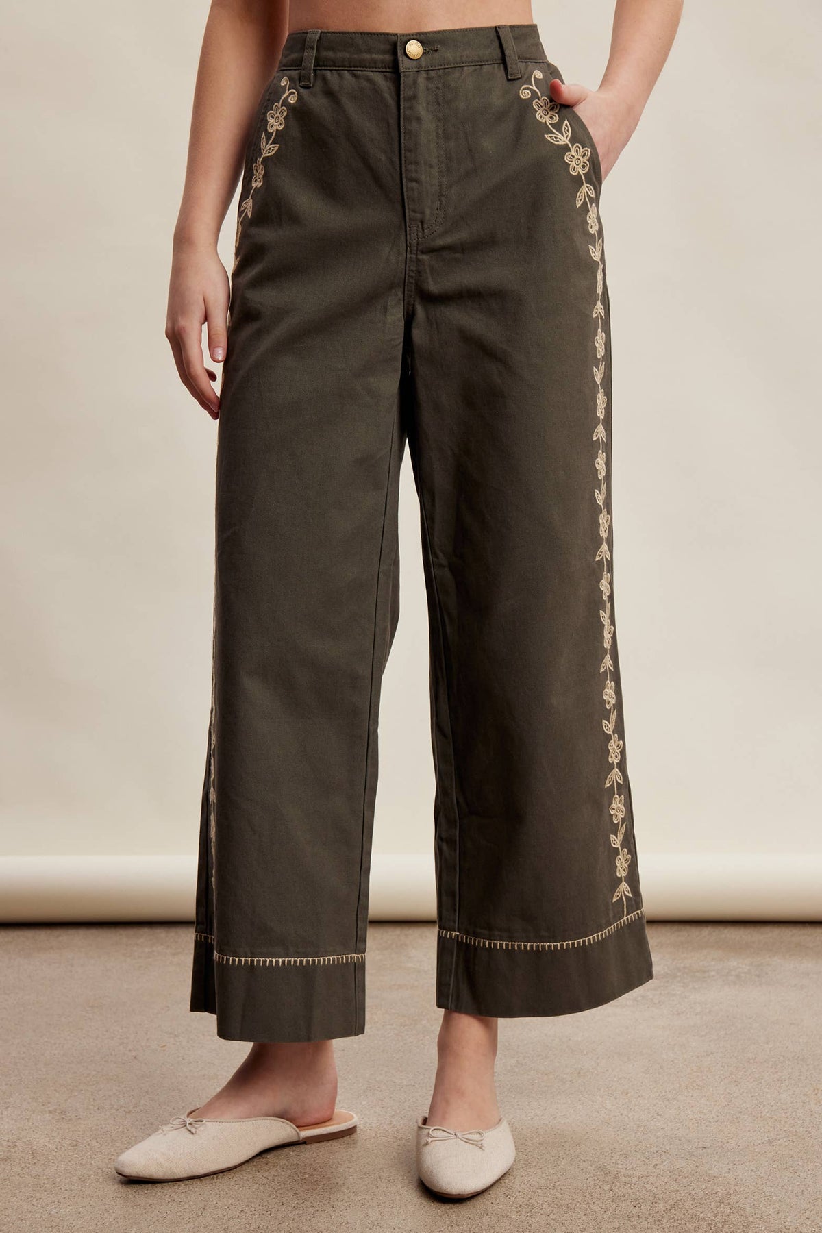 Olive Floral Embroidered Crop Wide-Leg Pants
