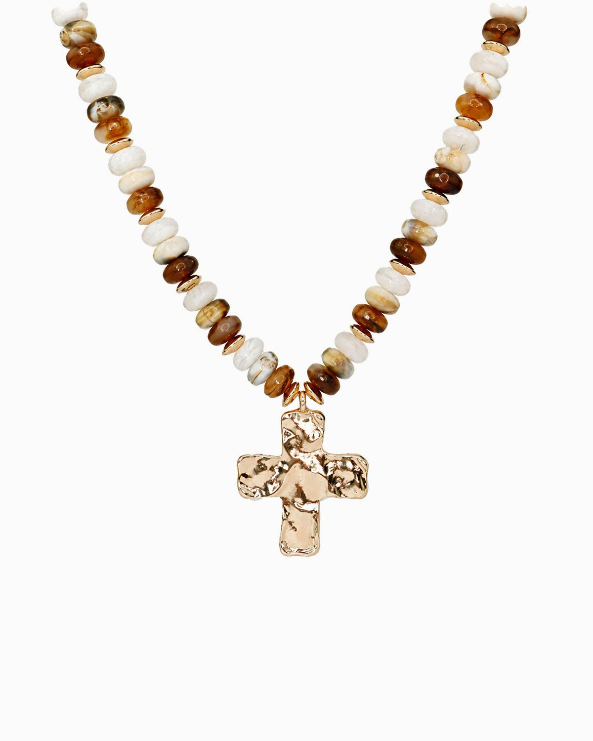 Hammered Cross Beaded Necklace: Brown