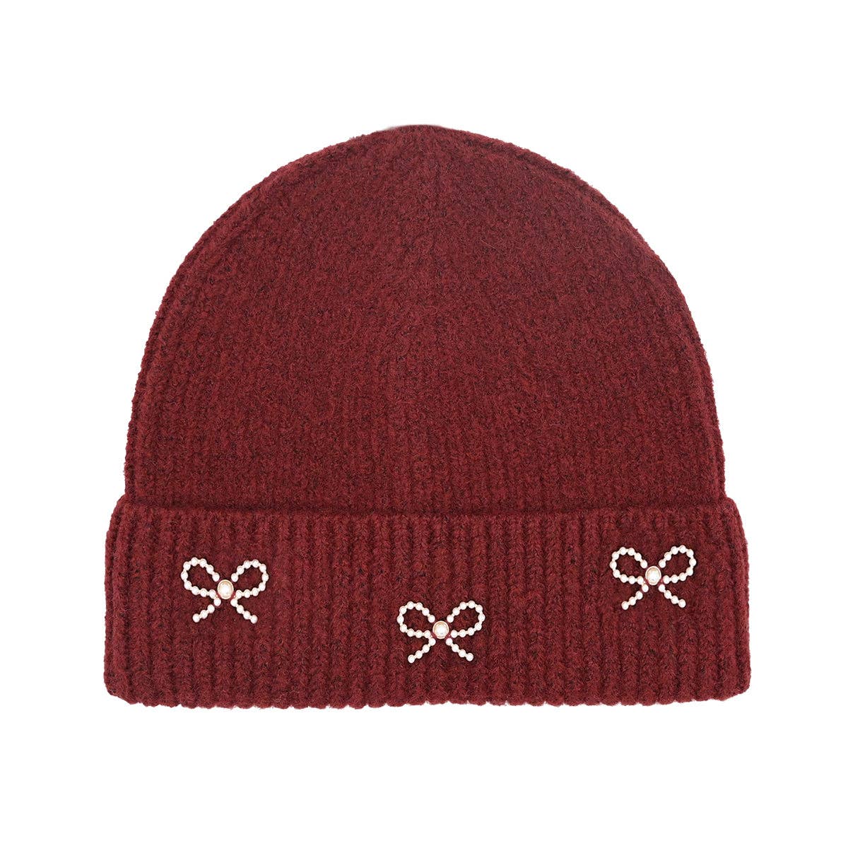 Burgundy Pearl Bow Embellished Beanie