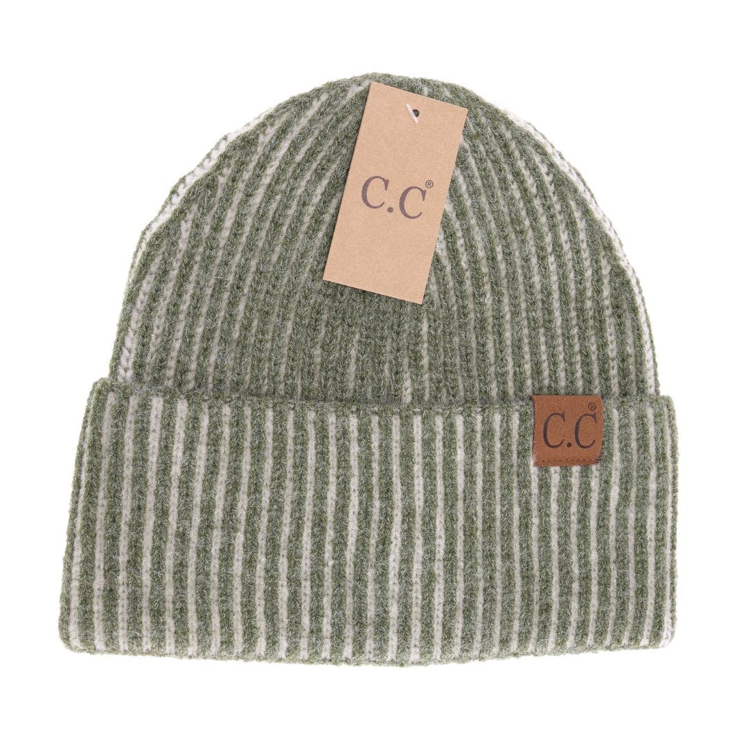 Olive Contrasting Striped Cuff Beanie