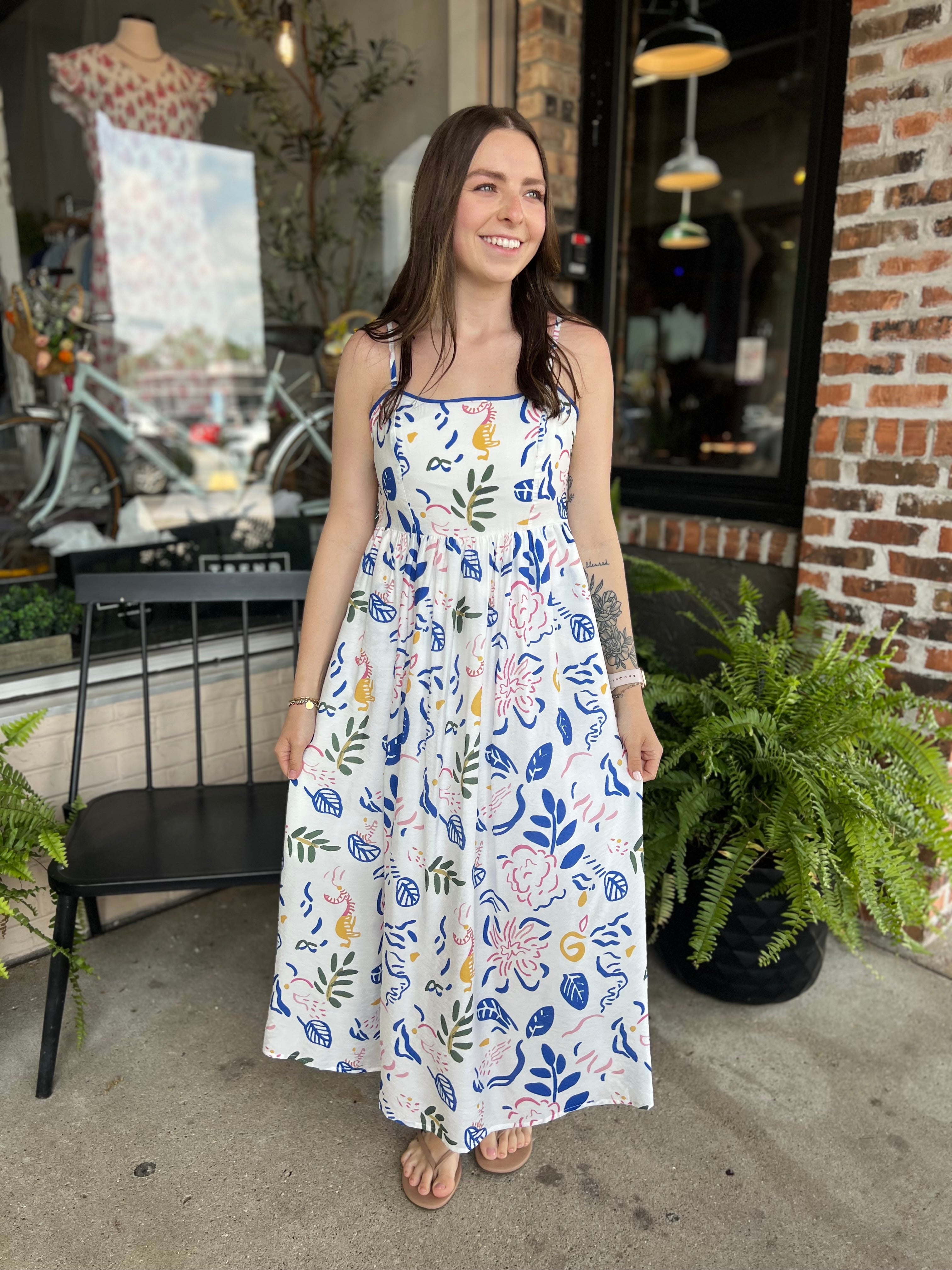 Blue Leaf Printed Midi Dress